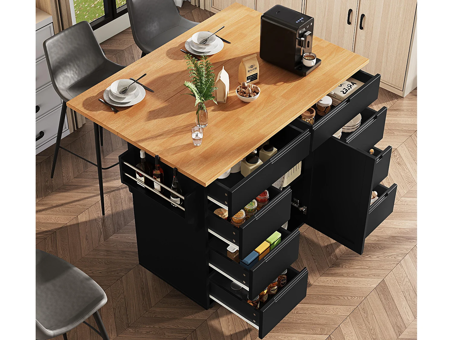 Ilot central de cuisine mobile - Plateau extensible - 8 tiroirs et 1 porte - Avec étagère à épices - MDF - Noir