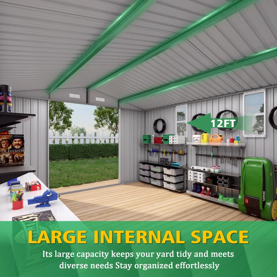 10 x 8 FT Outdoor Storage Shed, Large Metal Storage Shed, Lockable Door and Air Vent, Clear Window Garden Tool Shed for Bicycles, Tools, Lawnmowers, Backyards, Patios, Lawns - Gray - Image 14