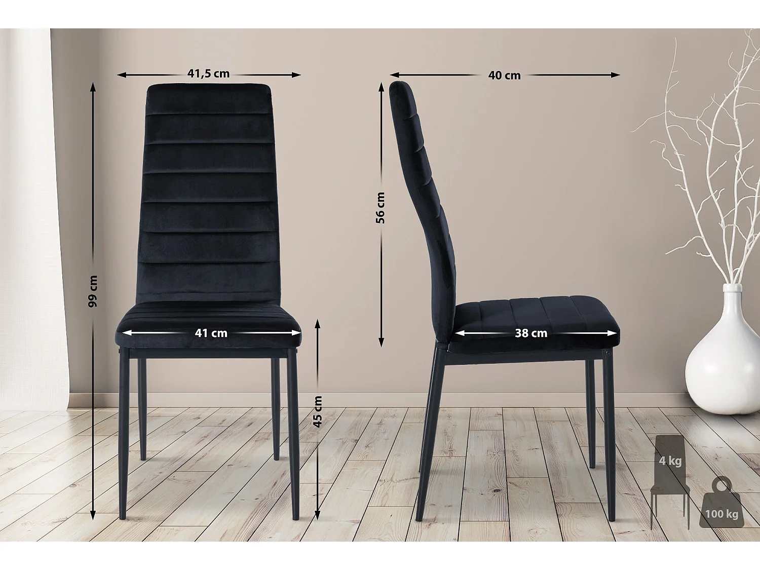 Lot de 6  chaise salle à manger - Velours - Noir - Mayfair