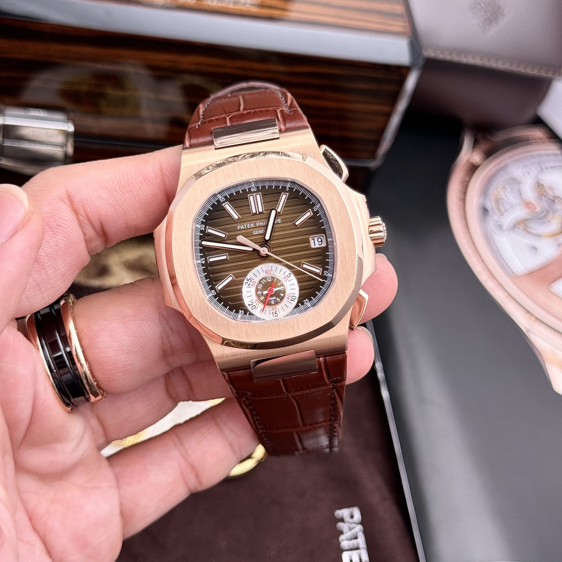 Patek Philippe Replica Watch Nautilus 5980 Brown Dial Leather Strap 40mm - Elite Watch Atelier