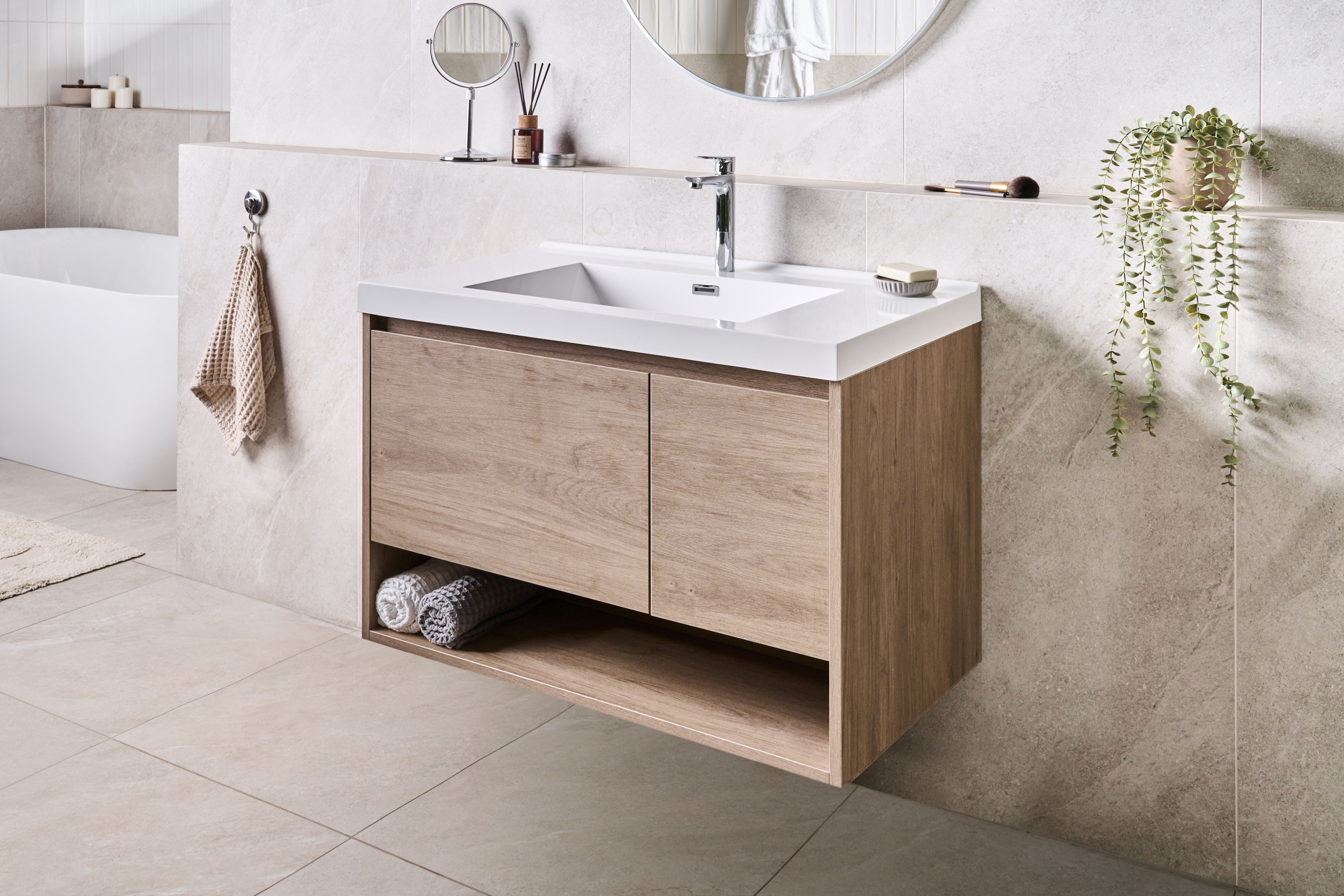Wall Mounted Vanity Unit with Basin UMAYO Light Brown