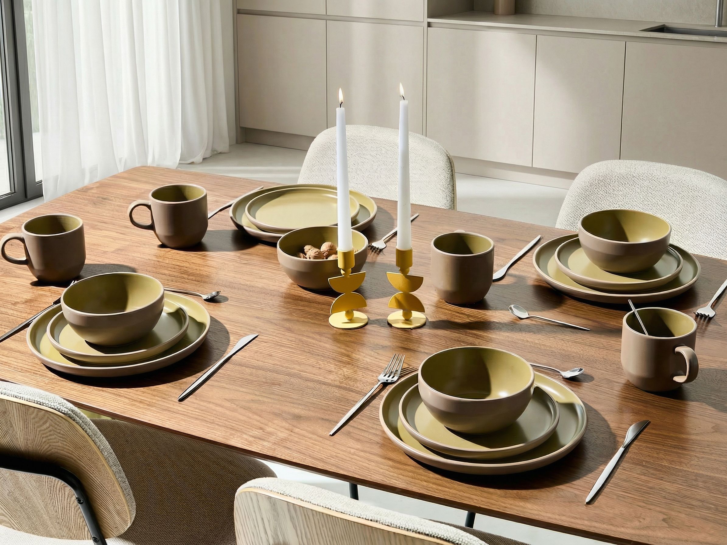 Set of 16 Dinnerware NUTMEG Stoneware Beige/ Green