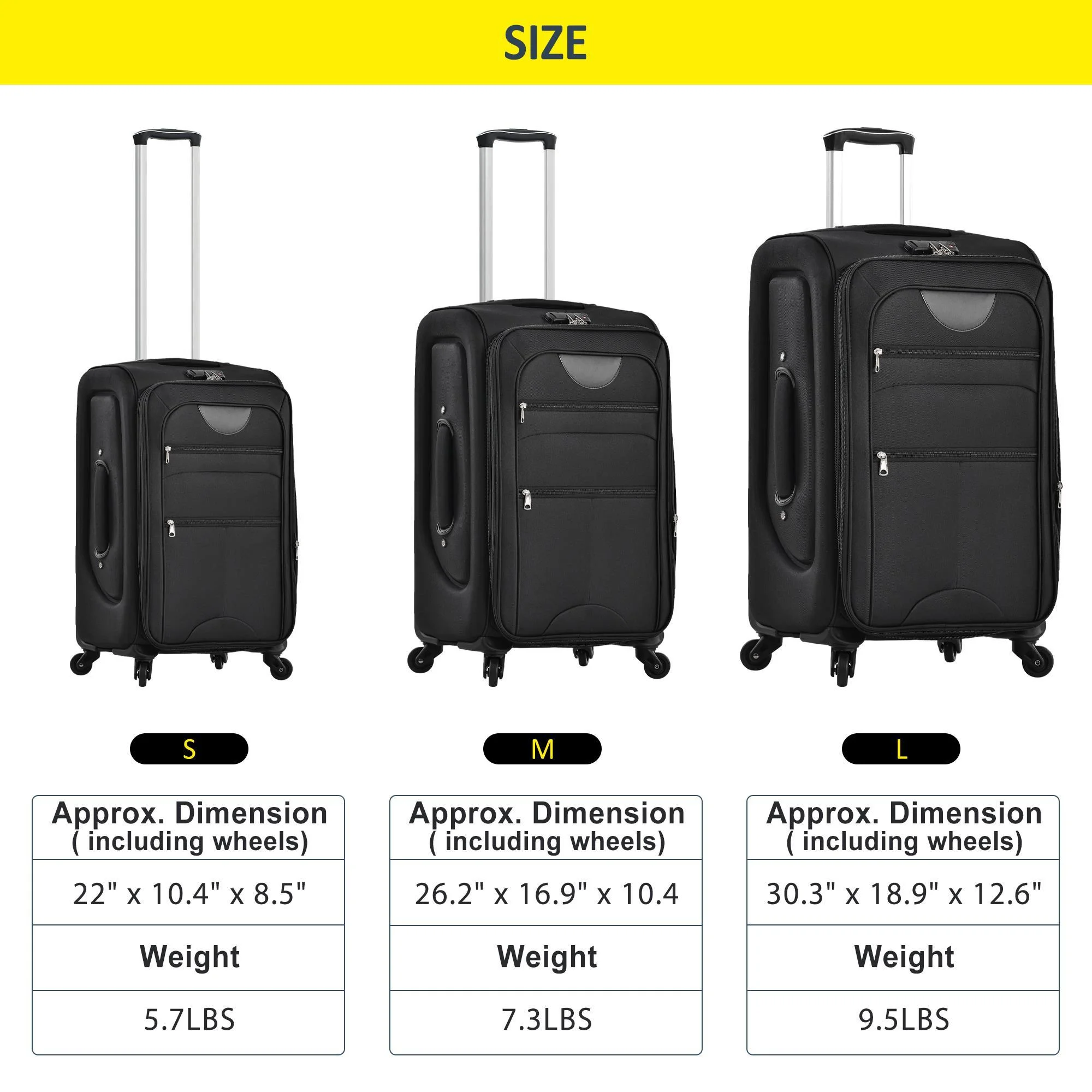 Zimtown 22in 26in 30in Softside Luggage, Expandable 3 Piece Set Suitcase Lightweight Luggage Travel Set, Black