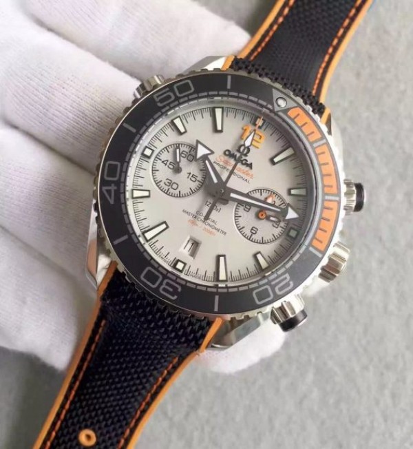 Replica Omega Planet Ocean Master Chronometer Chrono SS Gray Dial Black Nylon Strap A9900 - Elite Watch Atelier