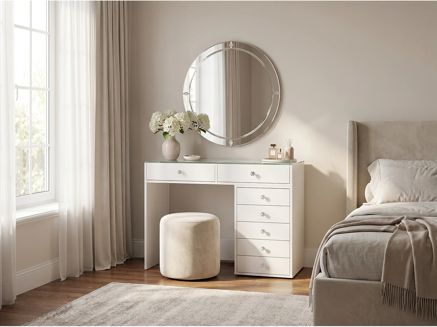 Coiffeuse Homeluxury - Blanche Vitrée 120cm avec 7 tiroirs