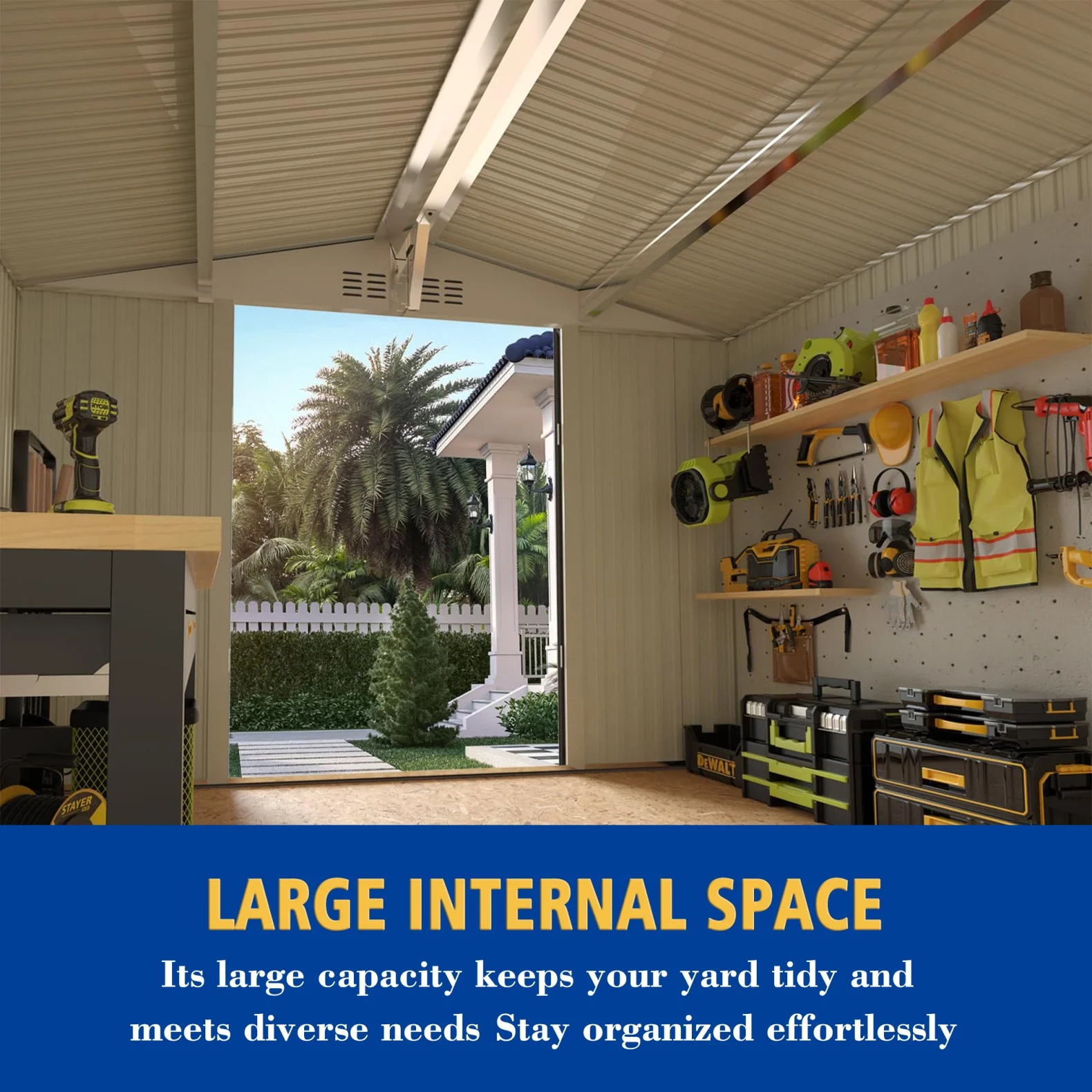 10 x 8 FT Outdoor Storage Shed, Large Metal Storage Shed, Lockable Door and Air Vent, Clear Window Garden Tool Shed for Bicycles, Tools, Lawnmowers, Backyards, Patios, Lawns - Gray - Image 7
