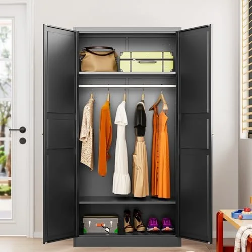 Metal Wardrobe Cabinet with Hanging Rod,Black Armoire Wardrobe Closet,Metal Clothing Storage Cabinet with Adjustable Shelves and Doors,72