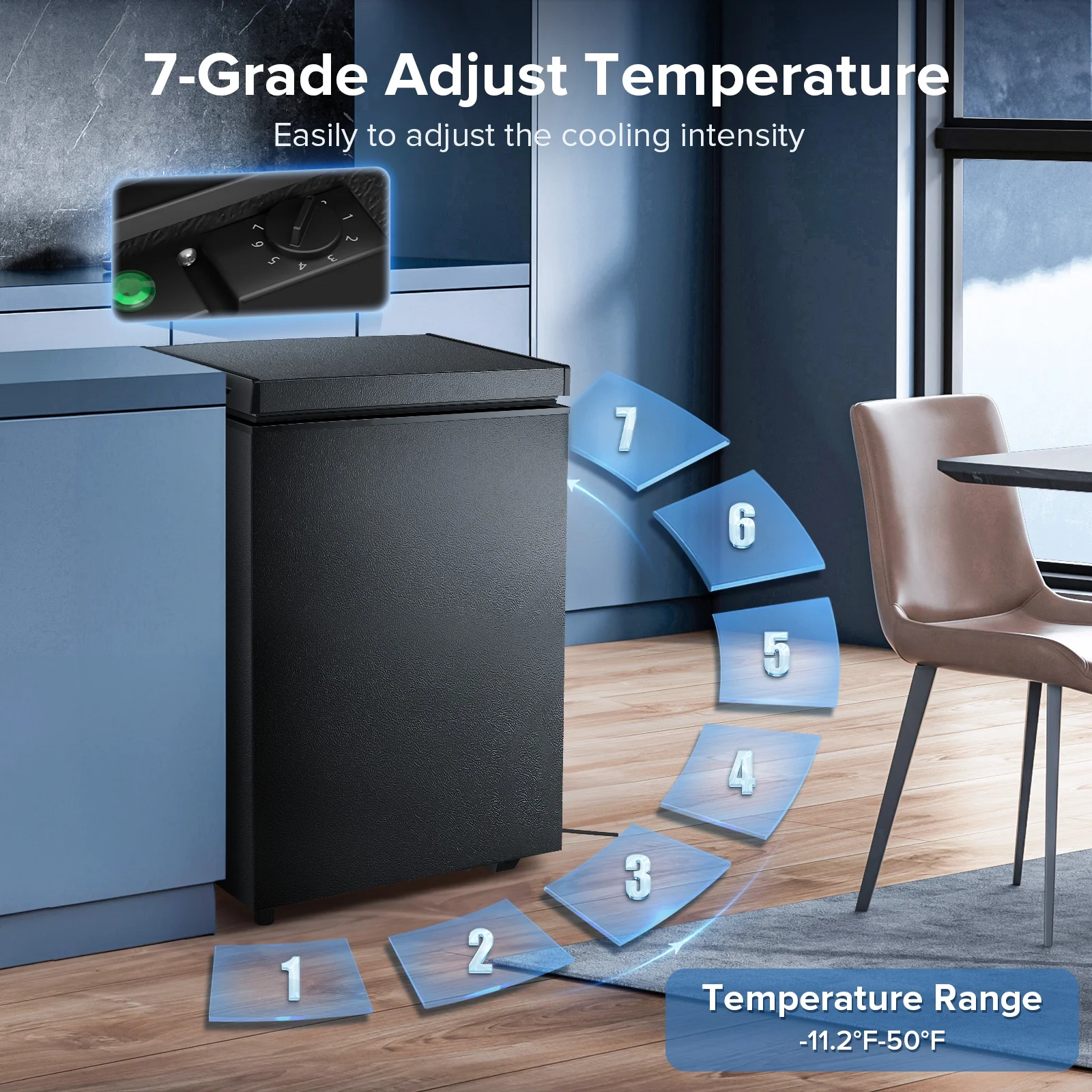 Auseo Mini Freezer Chest 3.5 cu ft, Black Deep Freezer & Side Handle, Compact Freezer with 7 Gear Adjustable Temperature, Removable Storage Basket*2, Energy Saving - Image 7