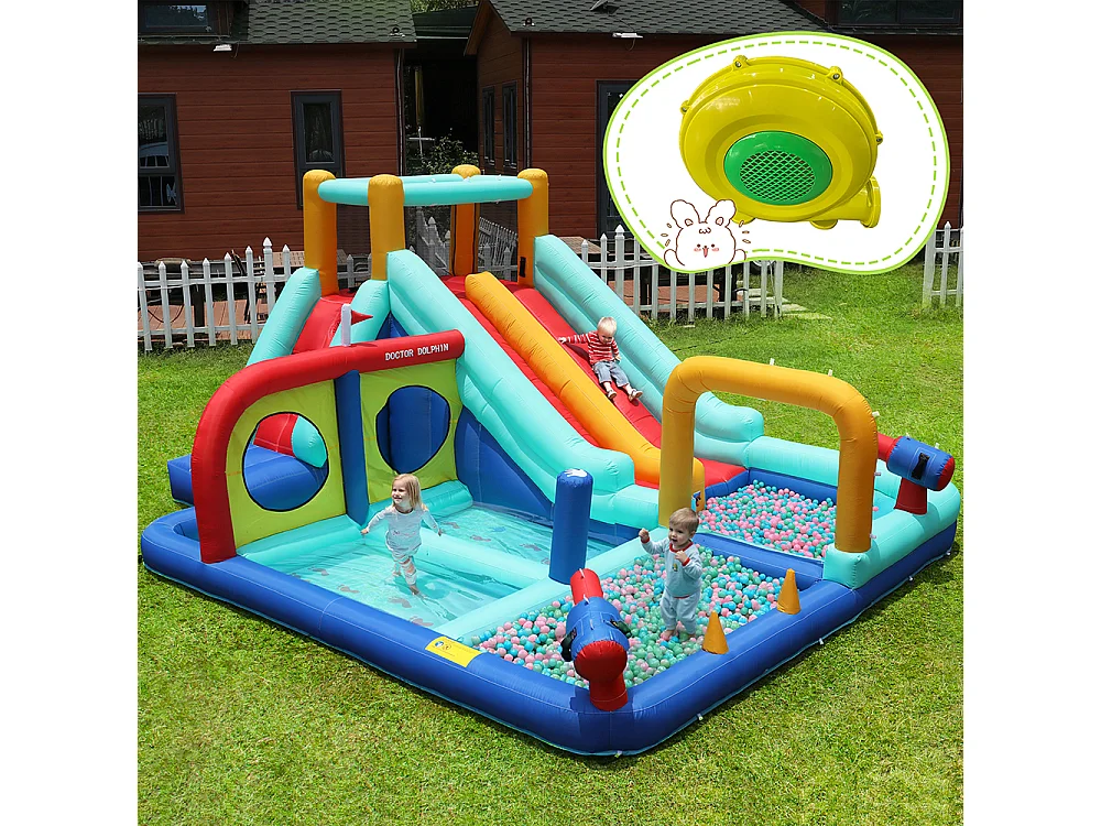 Château gonflable extérieur parc aquatique toboggan double mur escalade pistolet eau fontaine poteaux boxe bleu
