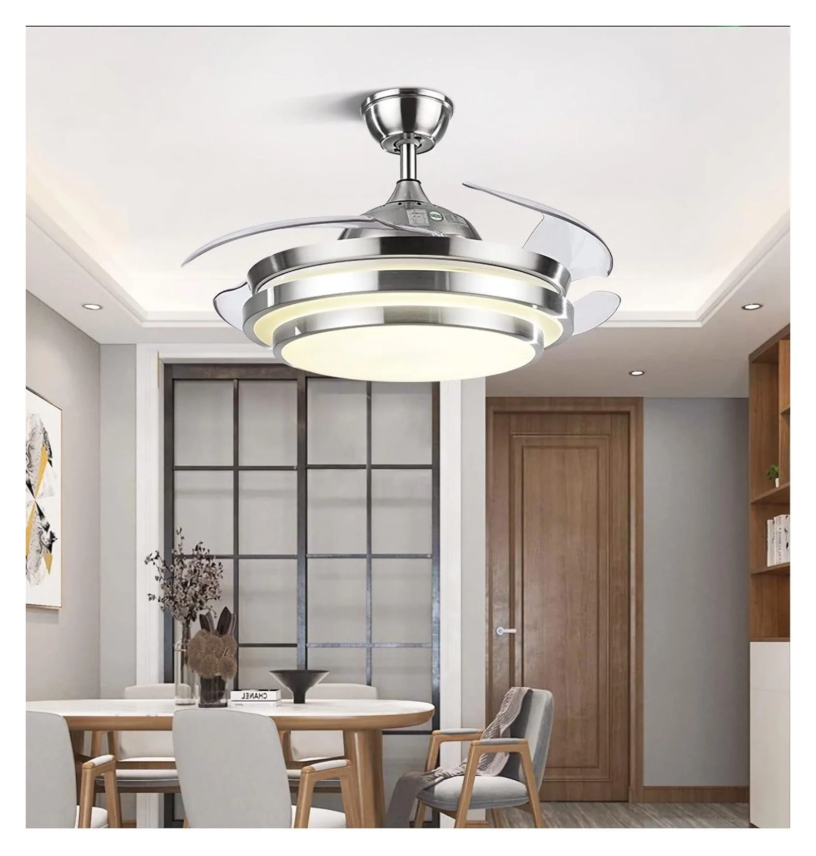 XylehR 42" Modern Ceiling Light with Fans Control, 4 Retractable Blades with 3 Light Color Change Ceiling Fan for Living Bedroom Restaurant, Silver Color with Silent Motor (42In-1 Update) - Image 7
