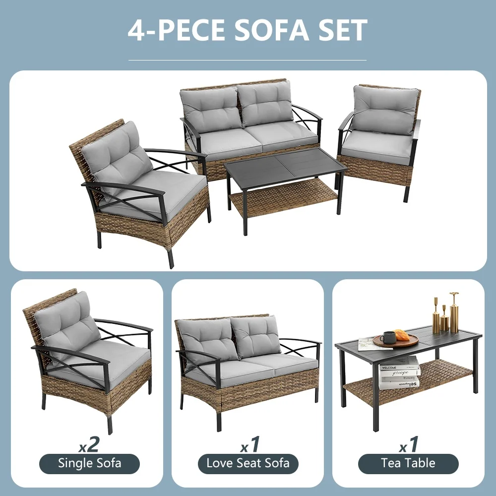Patio Sofa Set, 4 Pieces Outdoor Sectional Furniture, All-Weather PE Rattan Wicker Patio Conversation Set, Cushioned Sofa Set with Coffee Table for Patio Garden Poolside Deck - Image 11