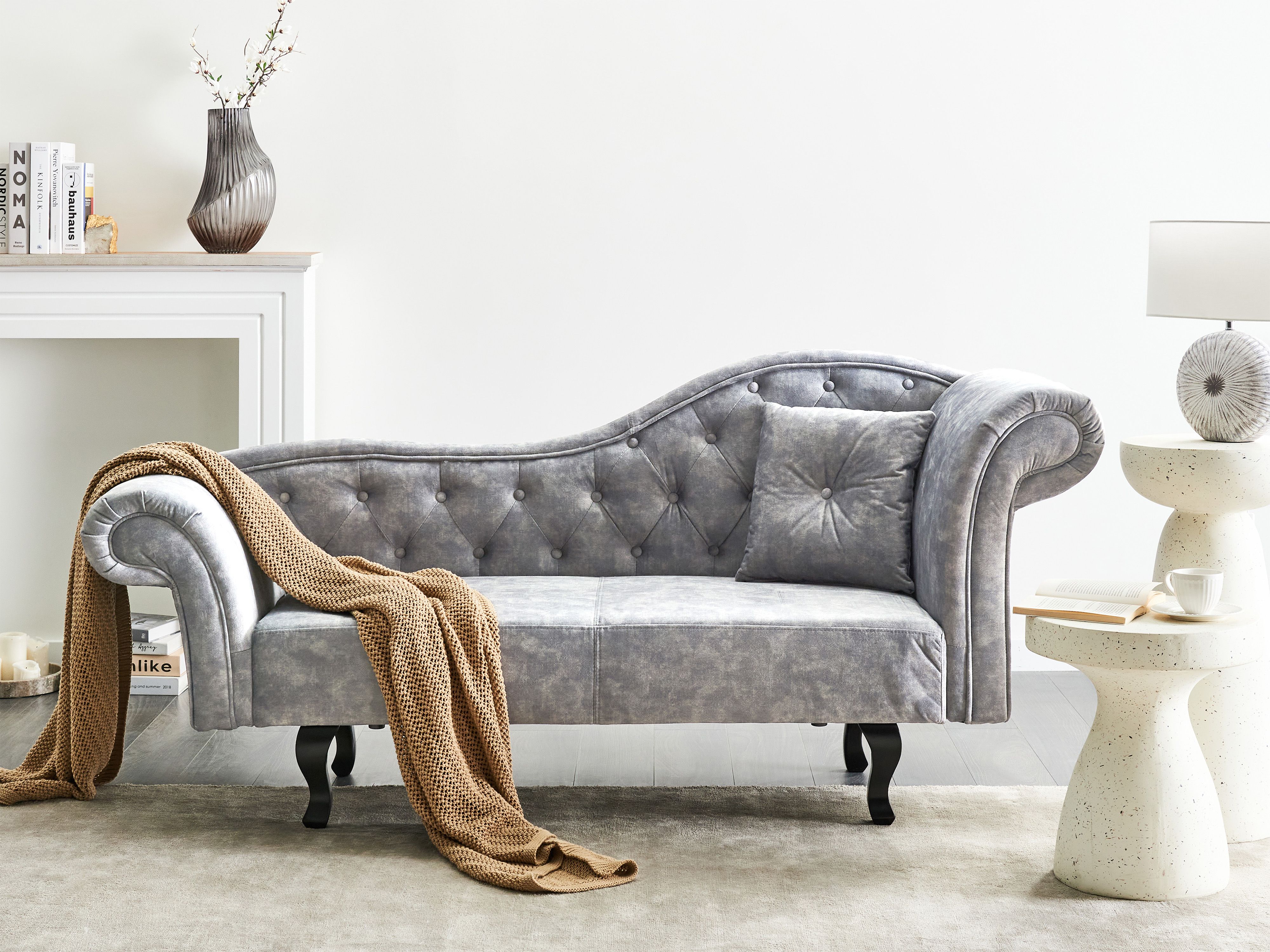Right-Hand Chaise Lounge LATTES II Velvet Grey with Cushion