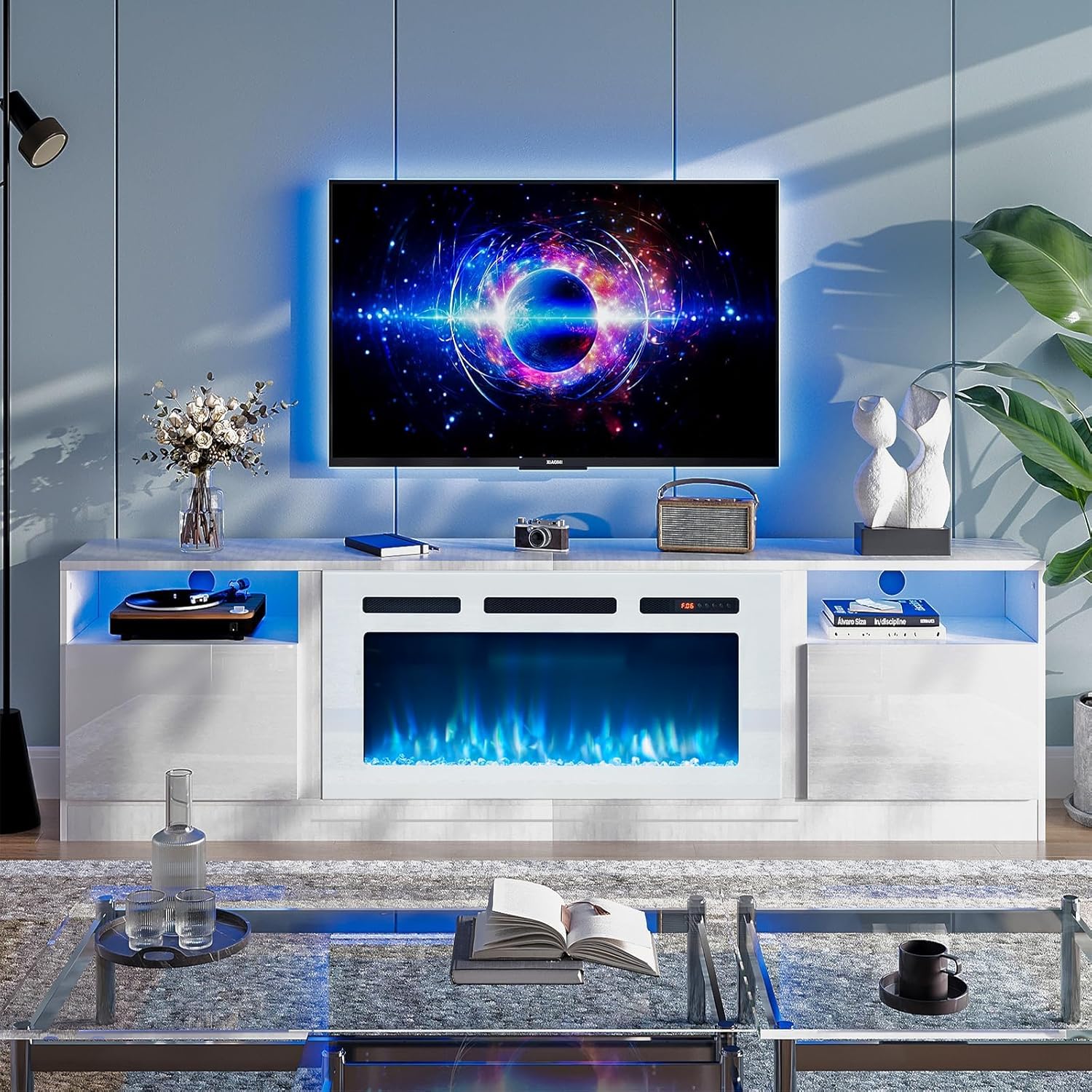 oneinmil 70” TV Stand with 36” Electric Fireplace, Large Modern Media Entertainment Center with Storage Cabinet and 12 Colors LED Lights for TVs Up to 80
