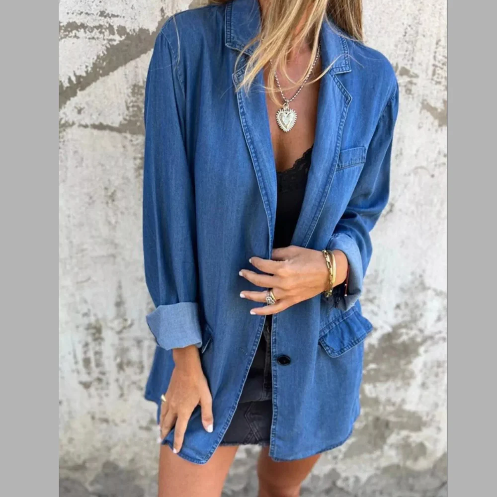 Full Size Button Down Denim Blazer Plus Size - ZKZOOK