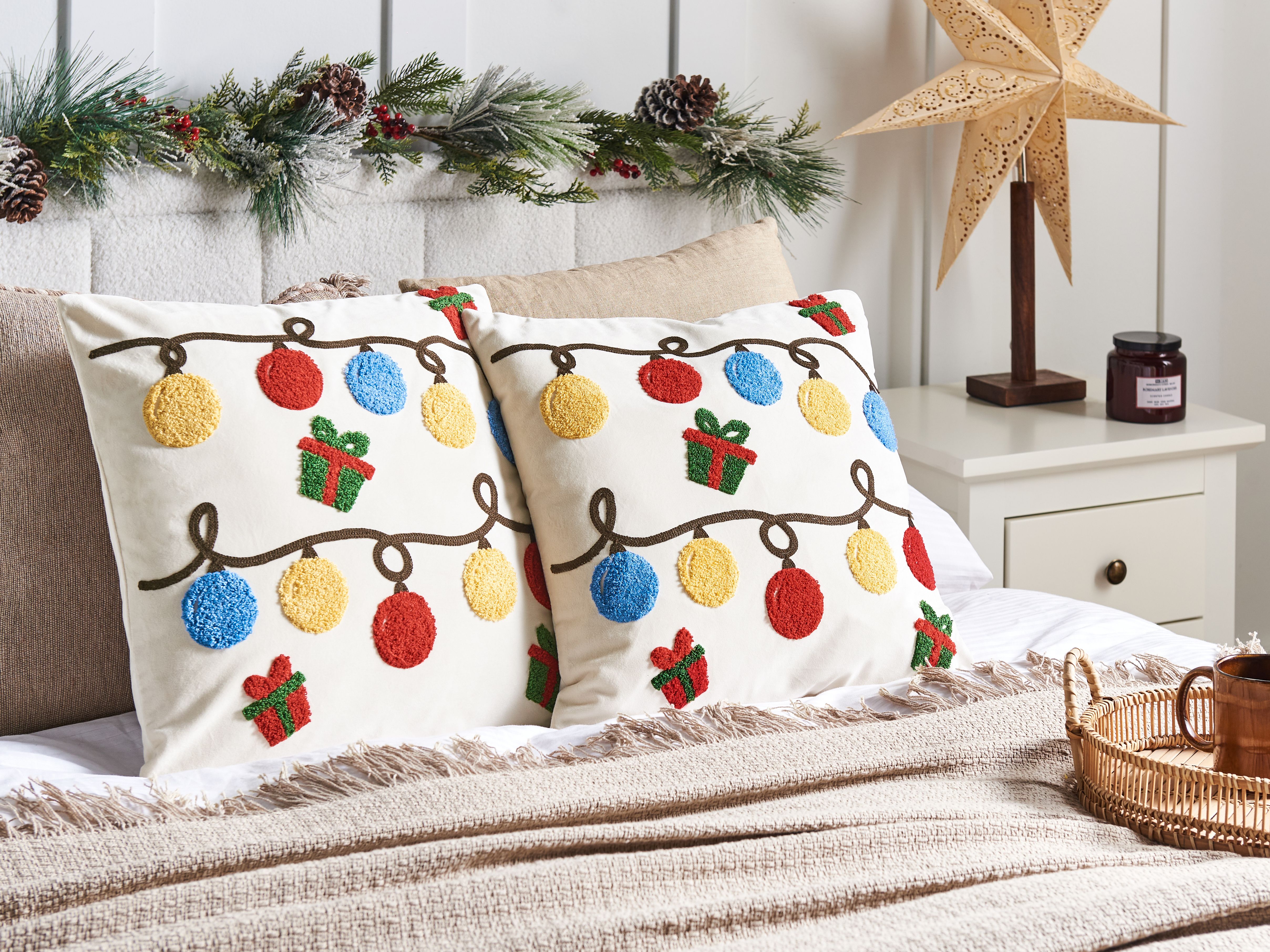 Set of 2 Decorative Cushions PALMIER Velvet 45 x 45 cm Off-White Christmas Motif