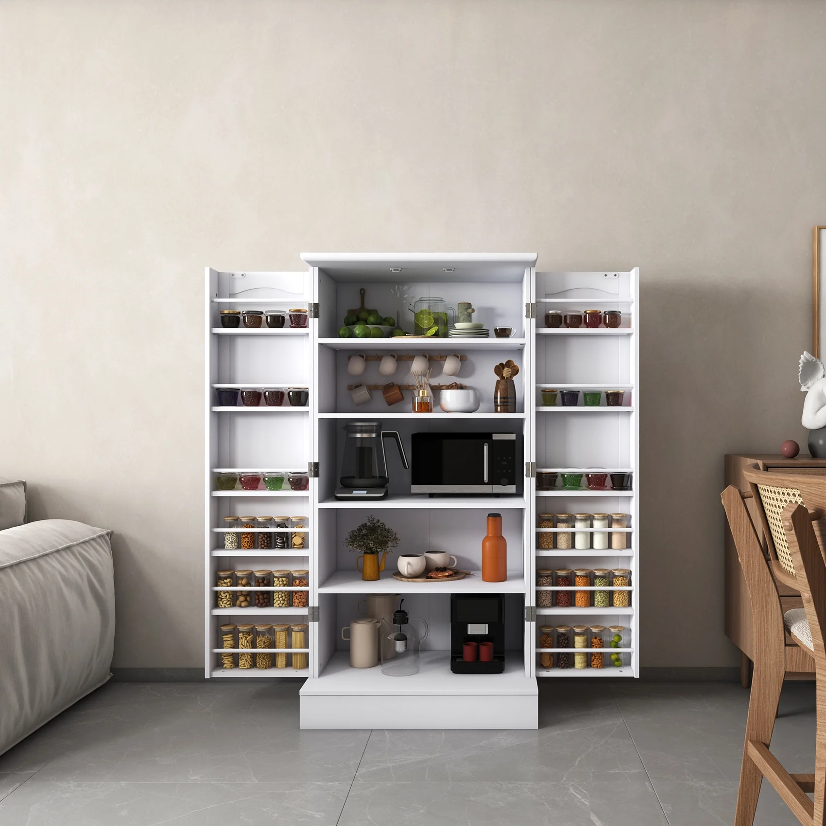 47 Kitchen Pantry Cabinet, White Buffet Cupboards Sideboard with Doors & Adjustable Shelves, Kitchen - Image 8