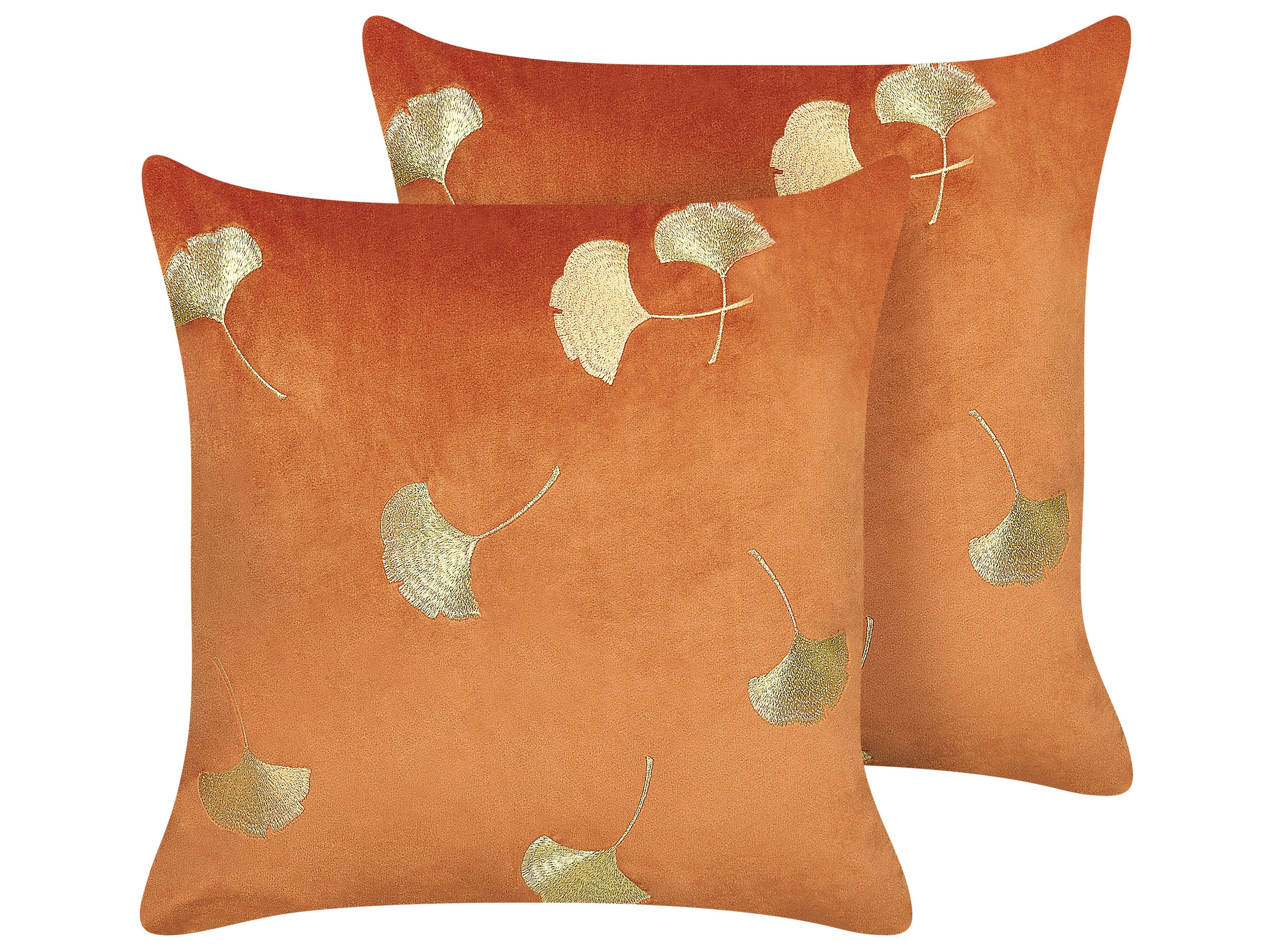 Set of 2 Decorative Cushions TULIP Velvet 45 x 45 cm Orange Plant Pattern
