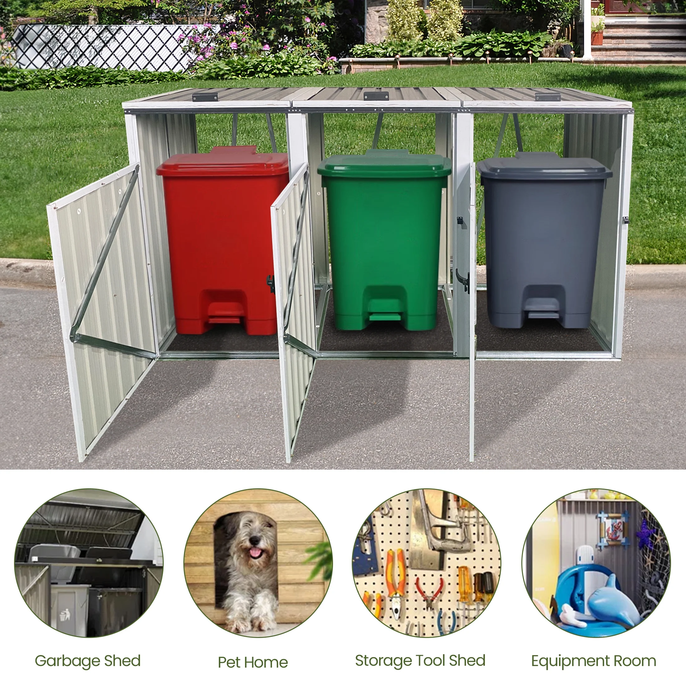 Aukfa 7.3' W Outdoor Garbage Bin Storage, Metal Storage Shed for 3 Trash Cans Tools, Waterproof Trash Can Storage - Image 5