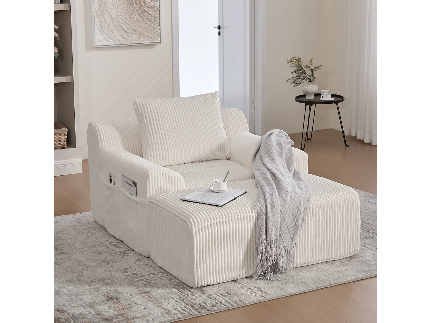 Fauteuil surdimensionné, avec repose-pieds, poches latérales, assise profonde, corduroy beige