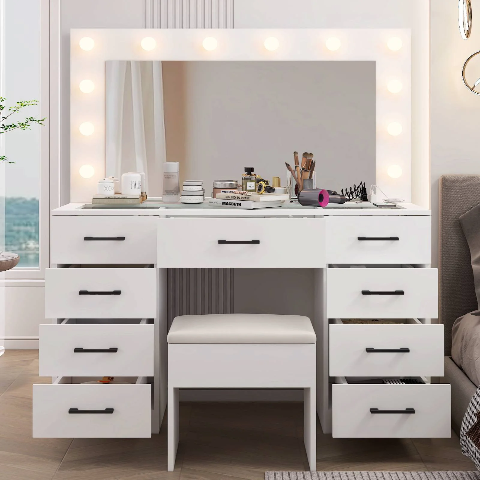 Ktaxon Large Makeup Vanity, Vanity Table Set w/ Visible Glass Top w/ Charging Station, White - Image 6