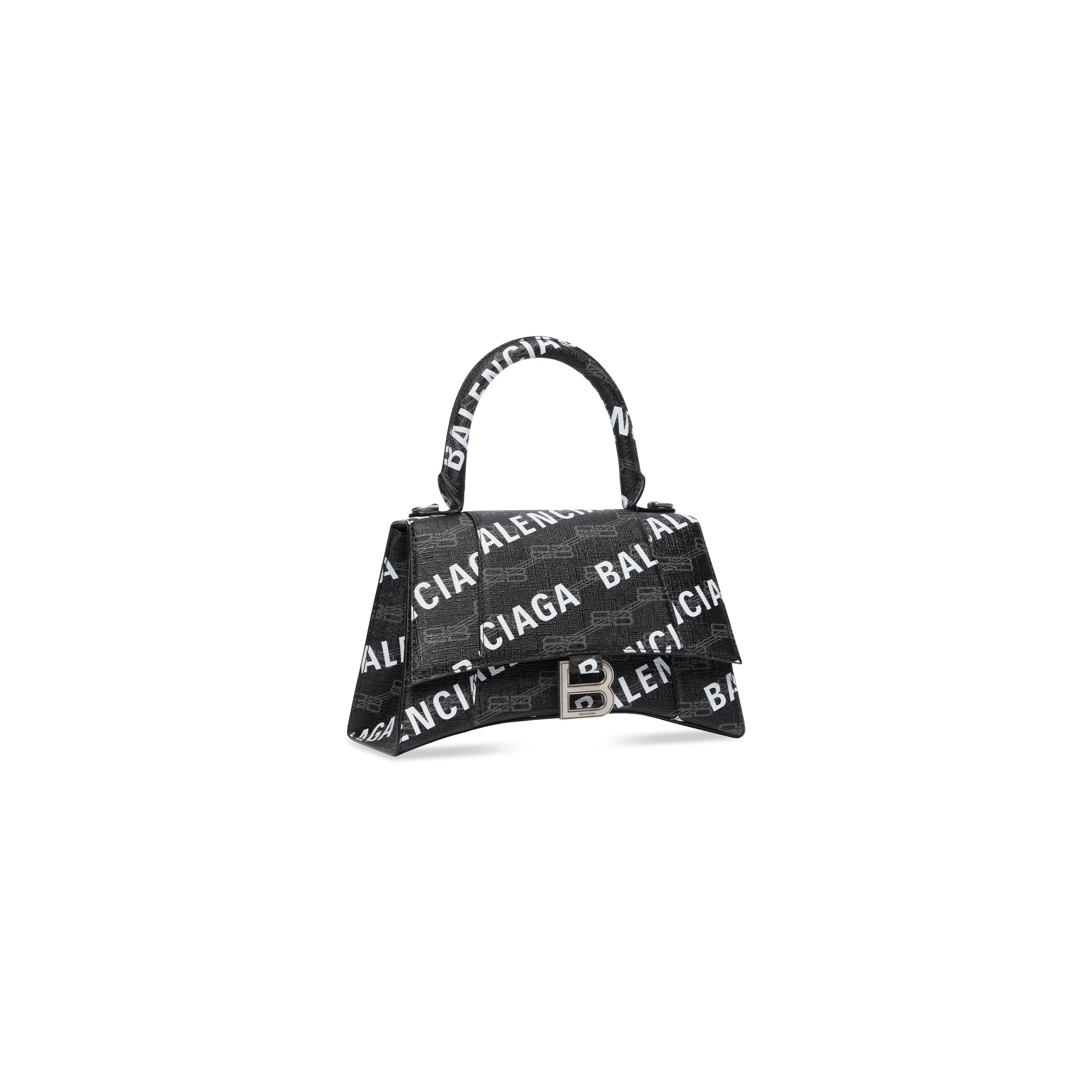 WOMEN'S HOURGLASS SMALL HANDBAG BB MONOGRAM COATED CANVAS AND ALLOVER LOGO IN BLACK - Replicaclubs