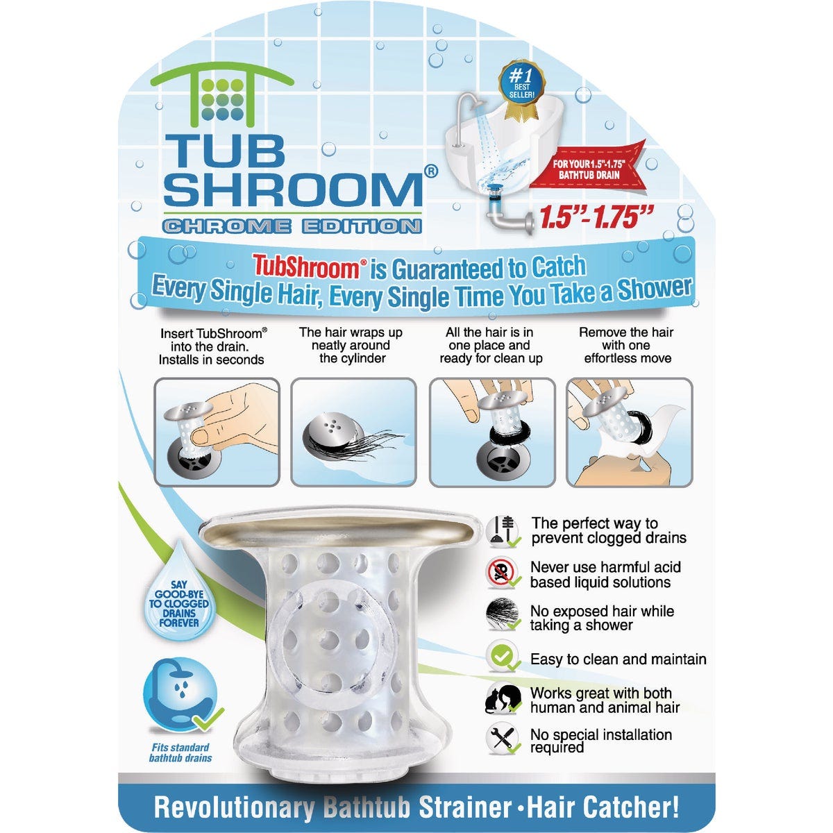 TubShroom Chrome Edition 1.75 In. Chrome Plastic No Clog Drain Stopper