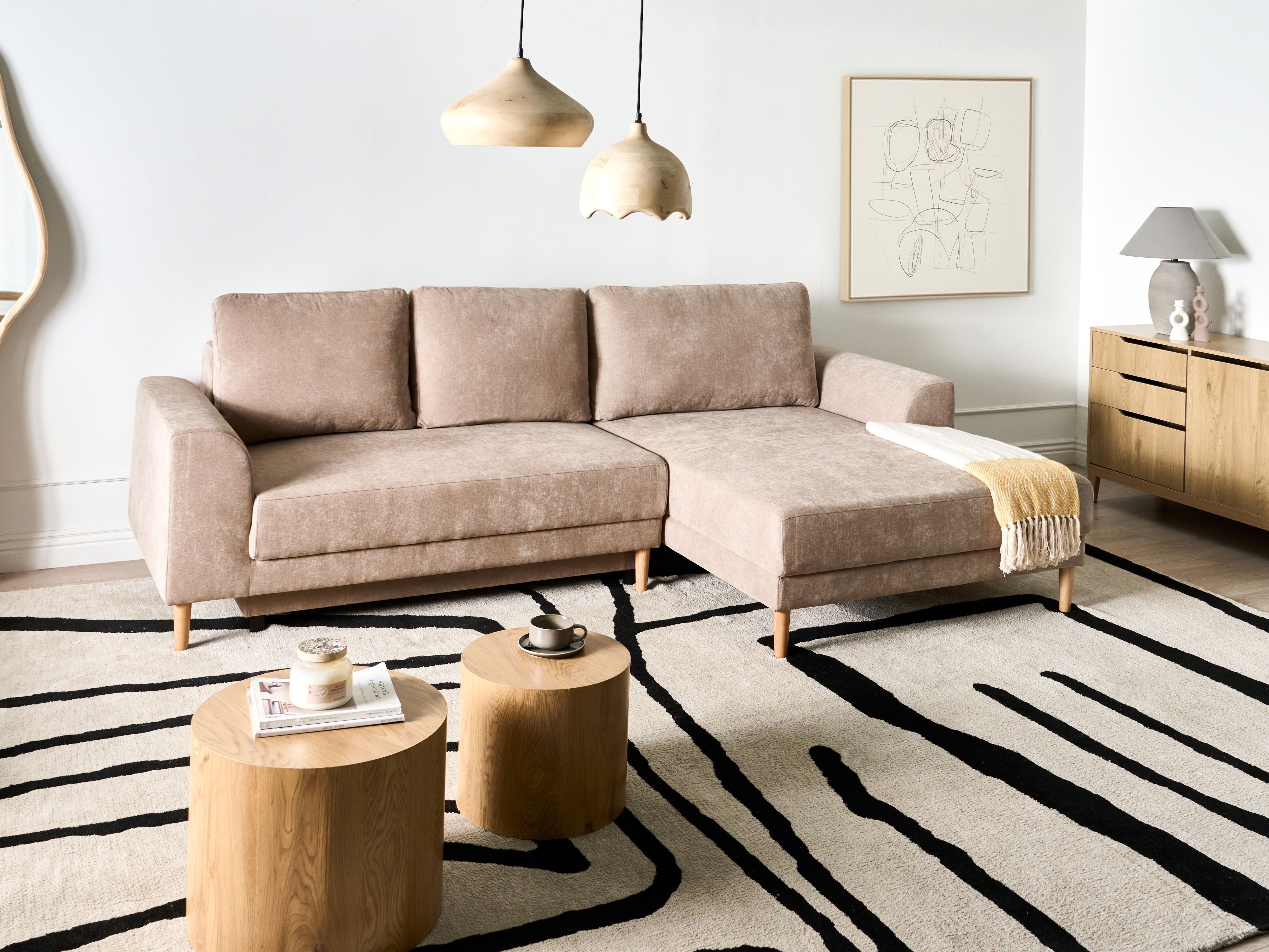 Corner Sofa Bed 3 Seater NUBORG Chenille Light Brown Left Hand