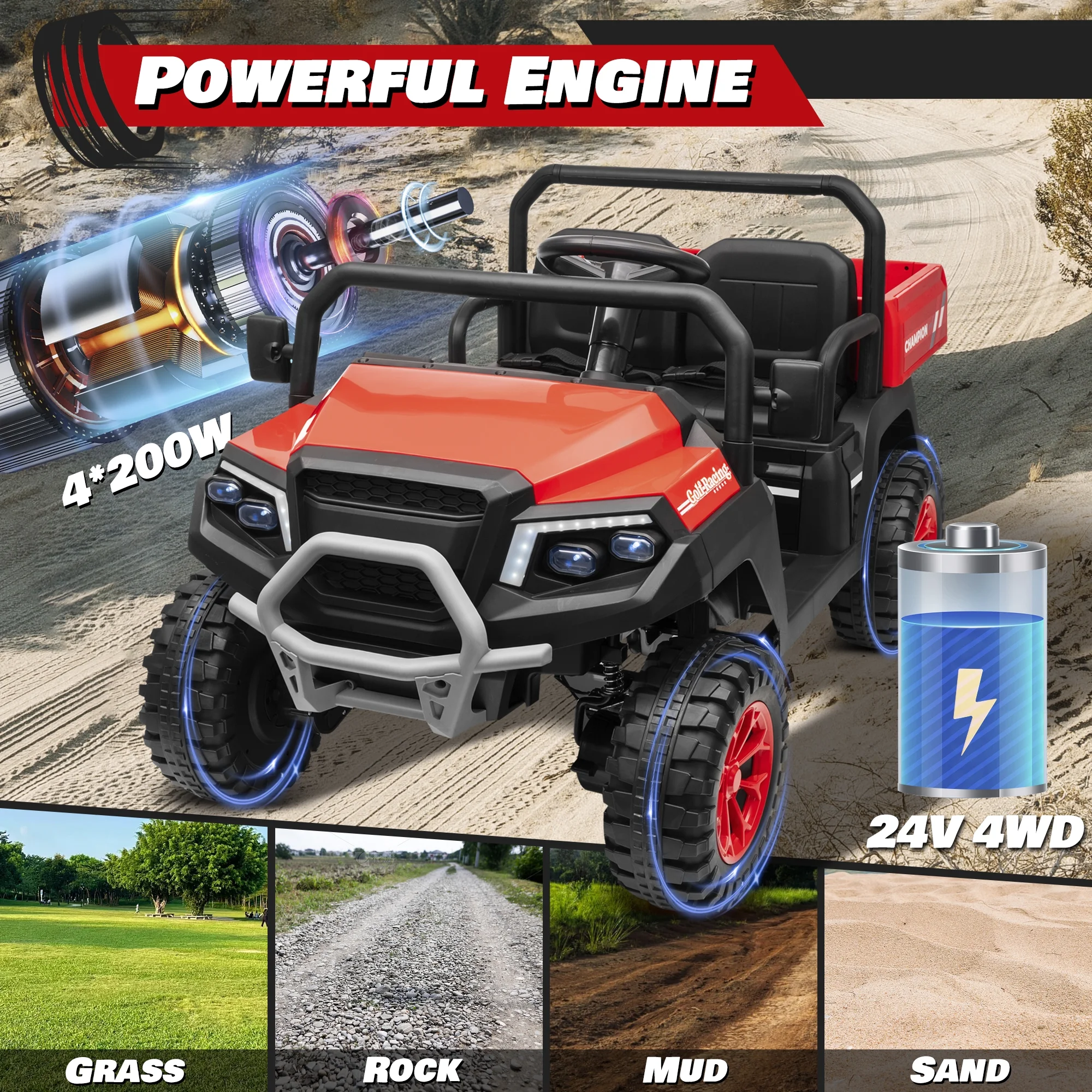 Joyracer 4WD 24 Volt Ride on Toys UTV with 2 Seater & Remote Control, Kids Electric Golf Cart w/ 4x200W Power Motors, Tiltable Trailer & Shovel, 4 Wheels Spring Suspension, Bluetooth USB Music, Black - Image 29