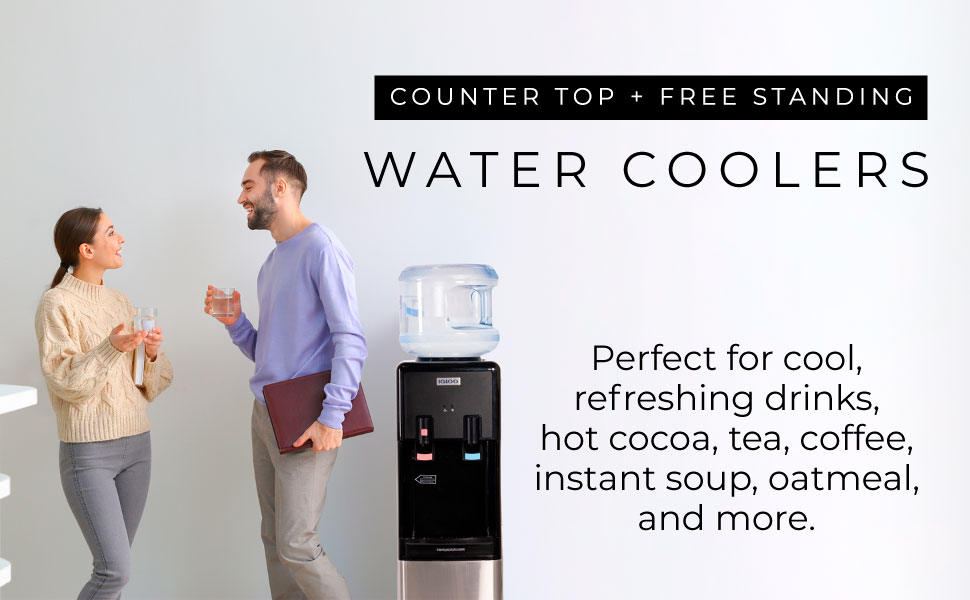 Publicité pour les fontaines à eau autonomes de comptoir pour boissons fraîches, chocolat chaud, thé, café, soupe et gruau