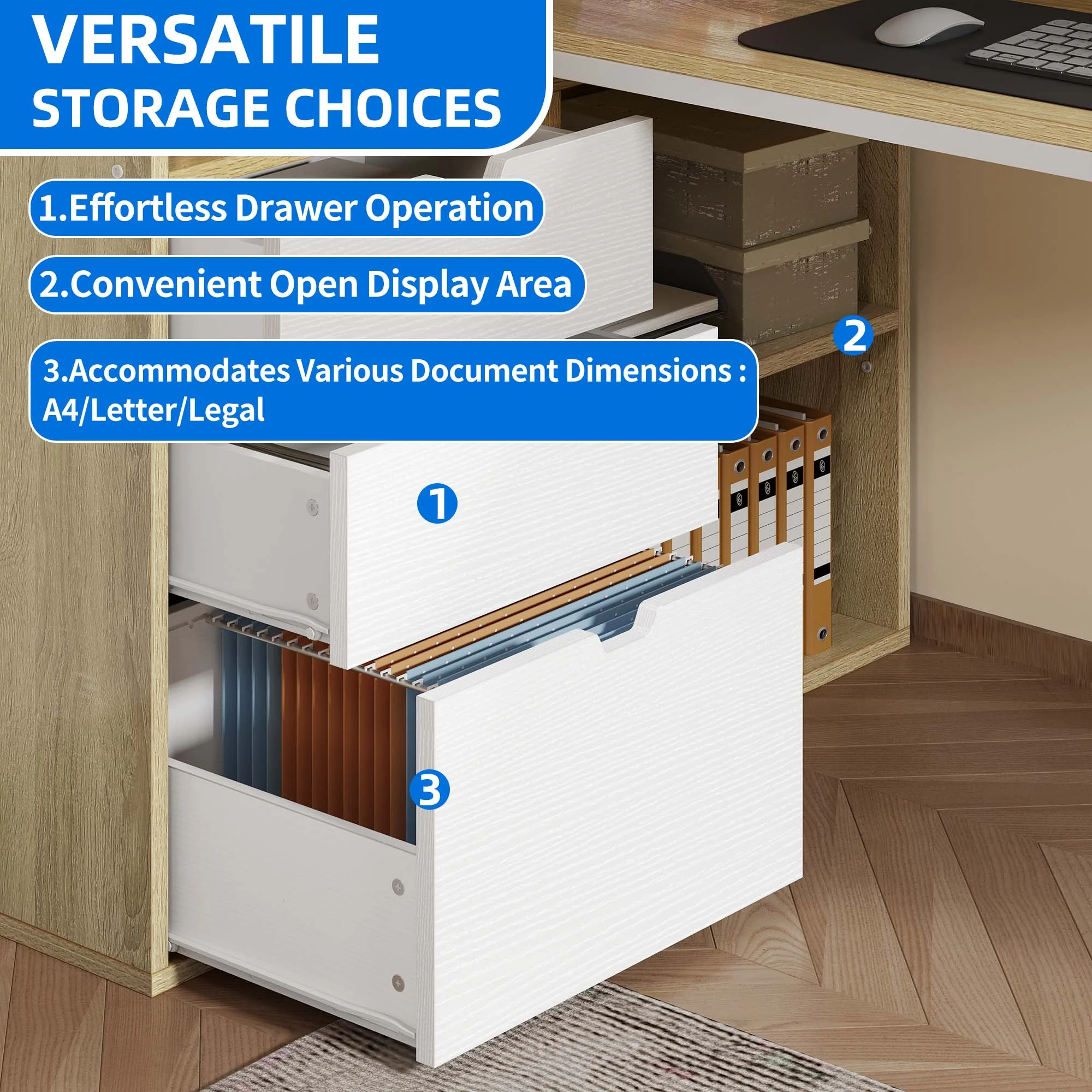 Dextrus L Shaped Desk with Power Outlets & LED Lights, Computer Desk with 3 Drawers and 3 Storage Shelves, White Office Desk Corner Desk for Home Office - Image 28