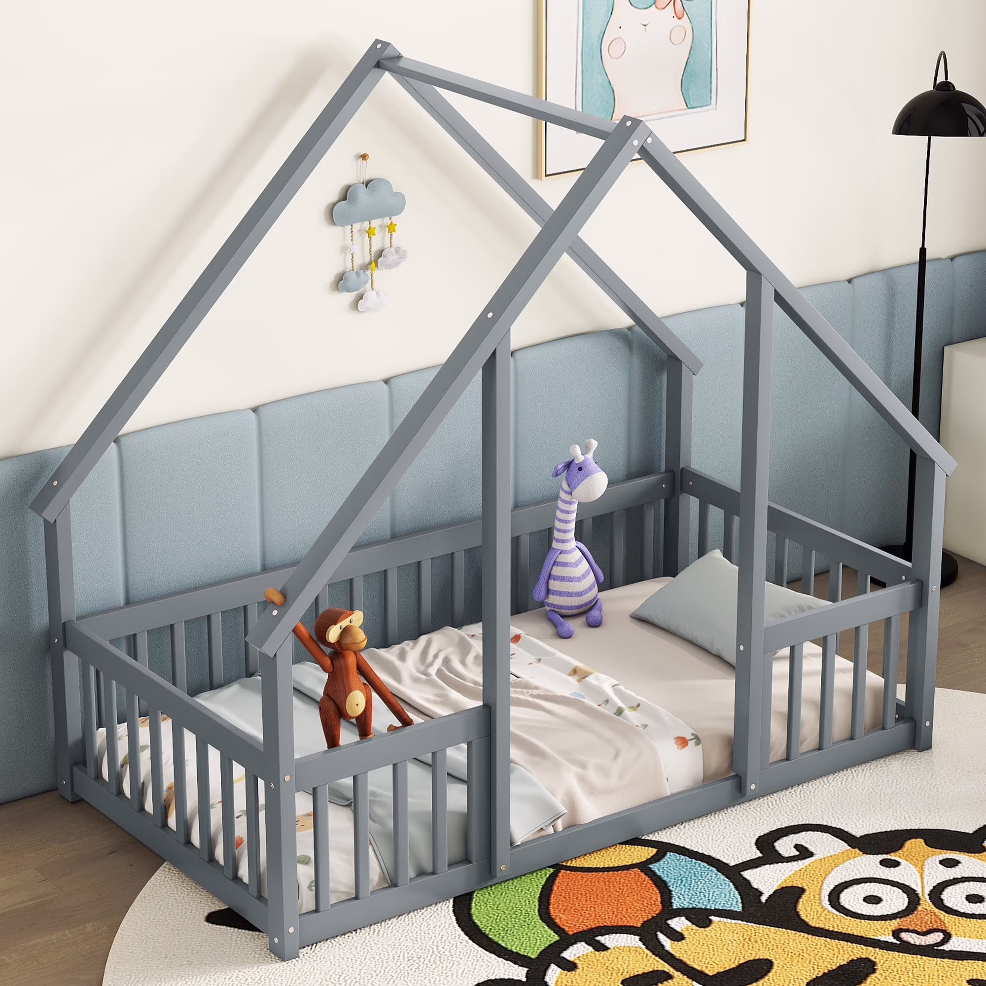 Bellemave Twin Size Floor Bed Frame, Wooden House Bed Twin Size with Fence, Montessori Bed with Guardrails for Bedroom (White) - Image 7