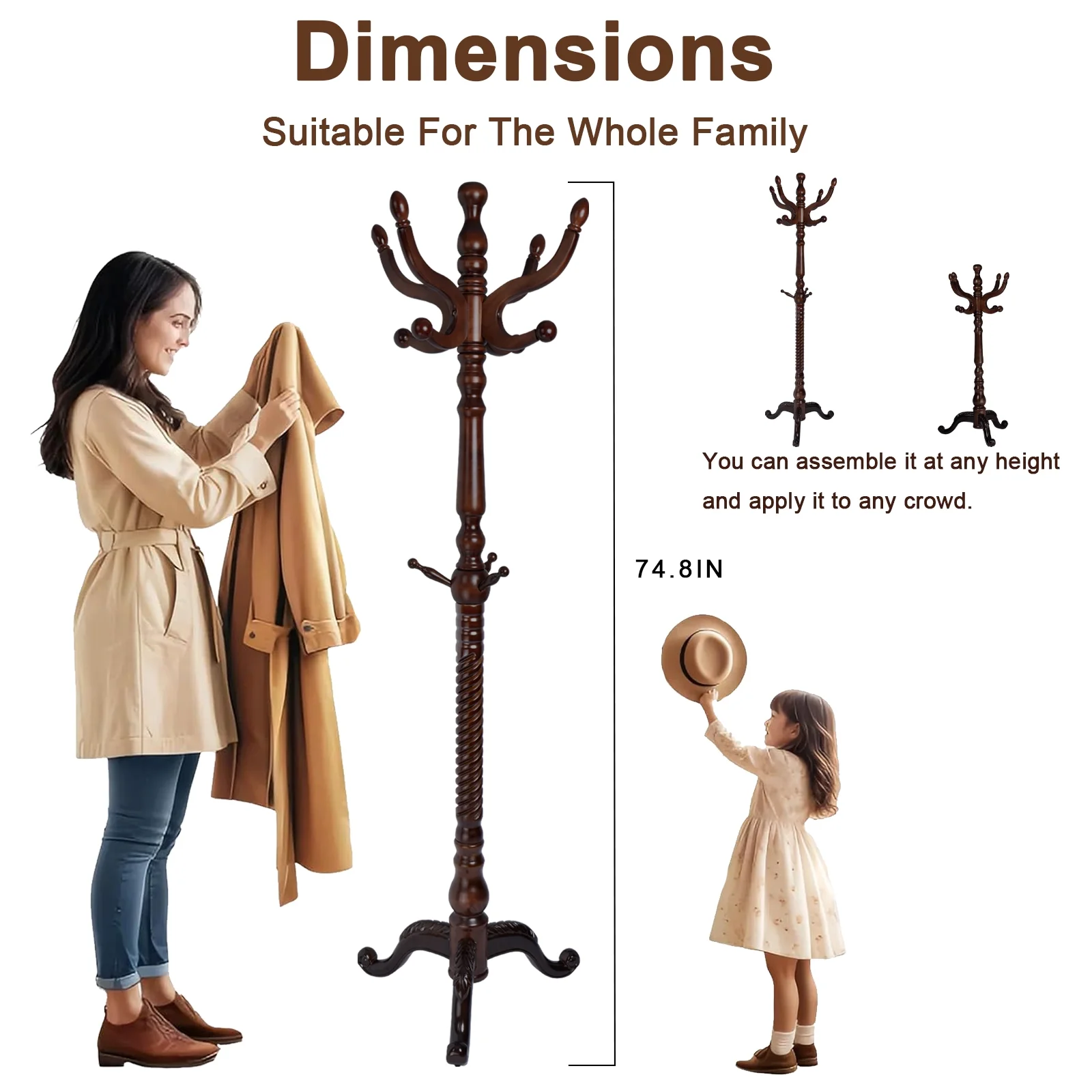 Coat Rack Freestanding, Hall Tree with 11 Hooks, Heavy Duty Wooden Coat Tree Stand, Adjustable Height, Sturdy Base for Bedroom Hallway Office - Load 270lbs - Image 52
