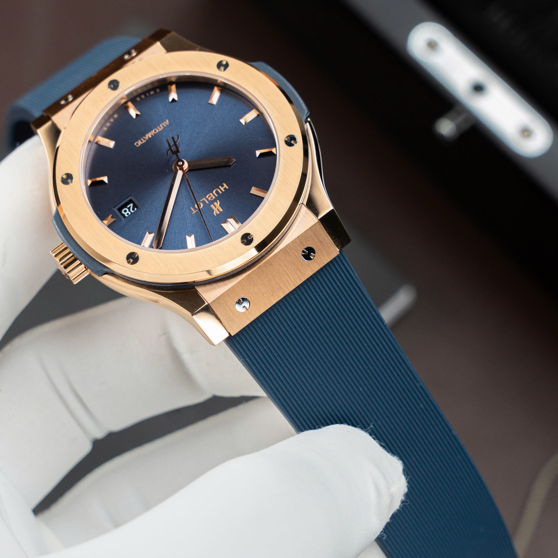 Hublot Copies Watches Classic Fusion King Gold Dial Blue Movement SW300 Rubber Strap 42mm - Top club