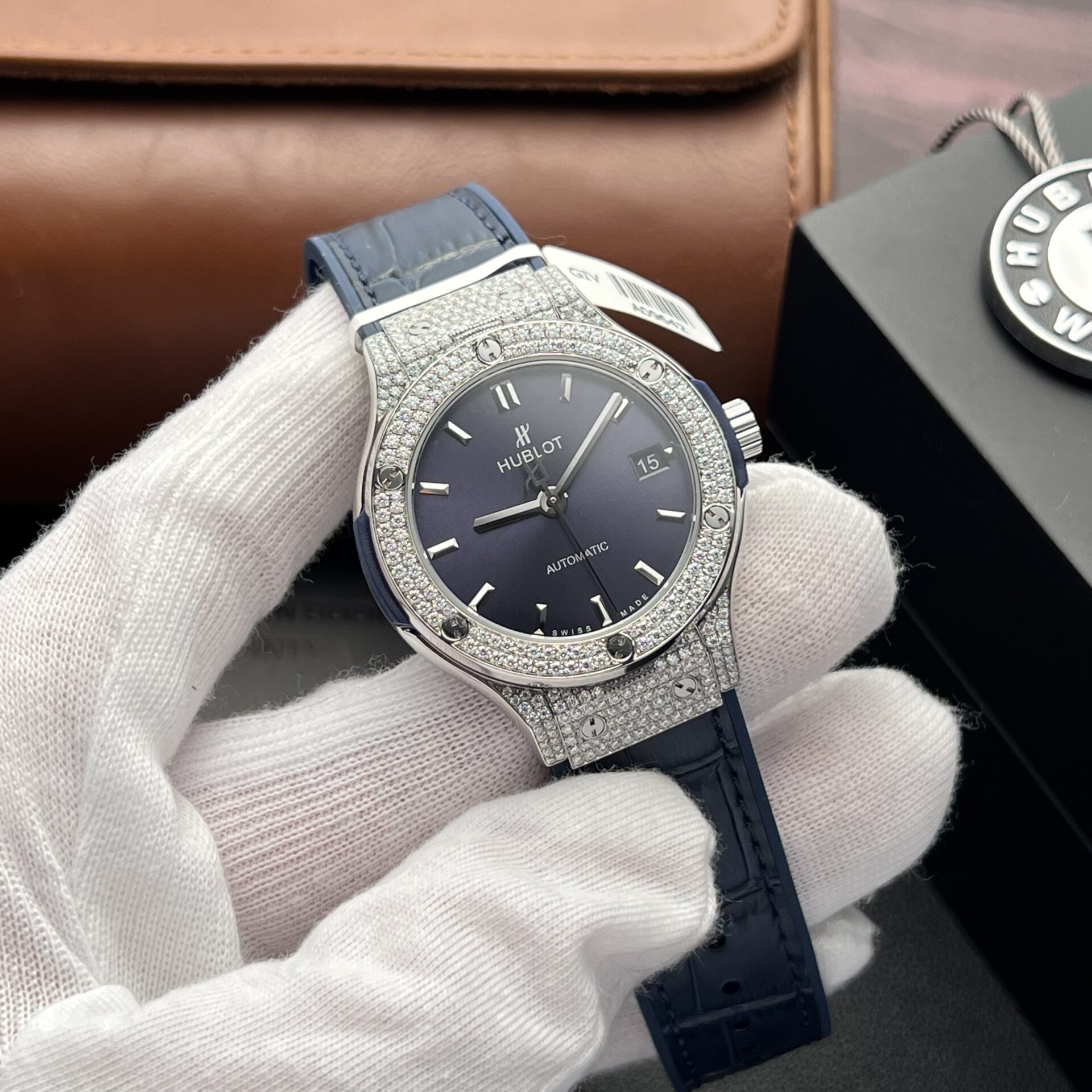 Hublot Replica 11 Watch Classic Fusion Full Moissanite Diamond Case Charcoal Blue 38mm - Elite Watch Atelier