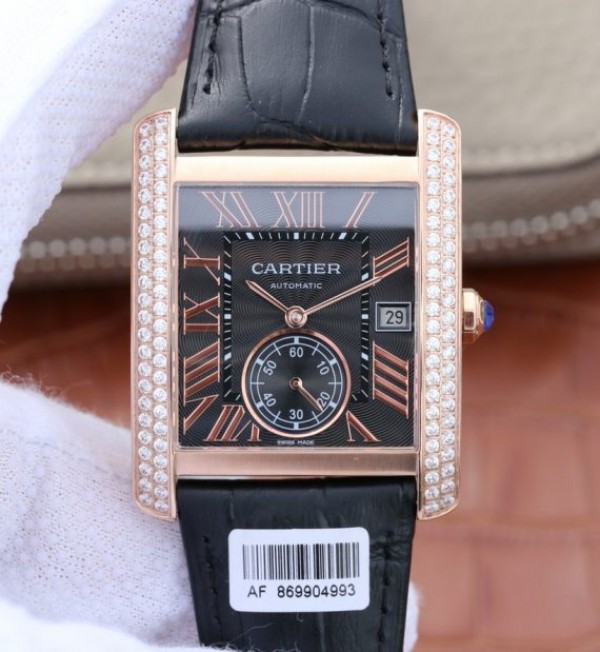 Replica Cartier Tank MC RG Black Textured Dial Diamonds Bezel Leather Strap - Top club