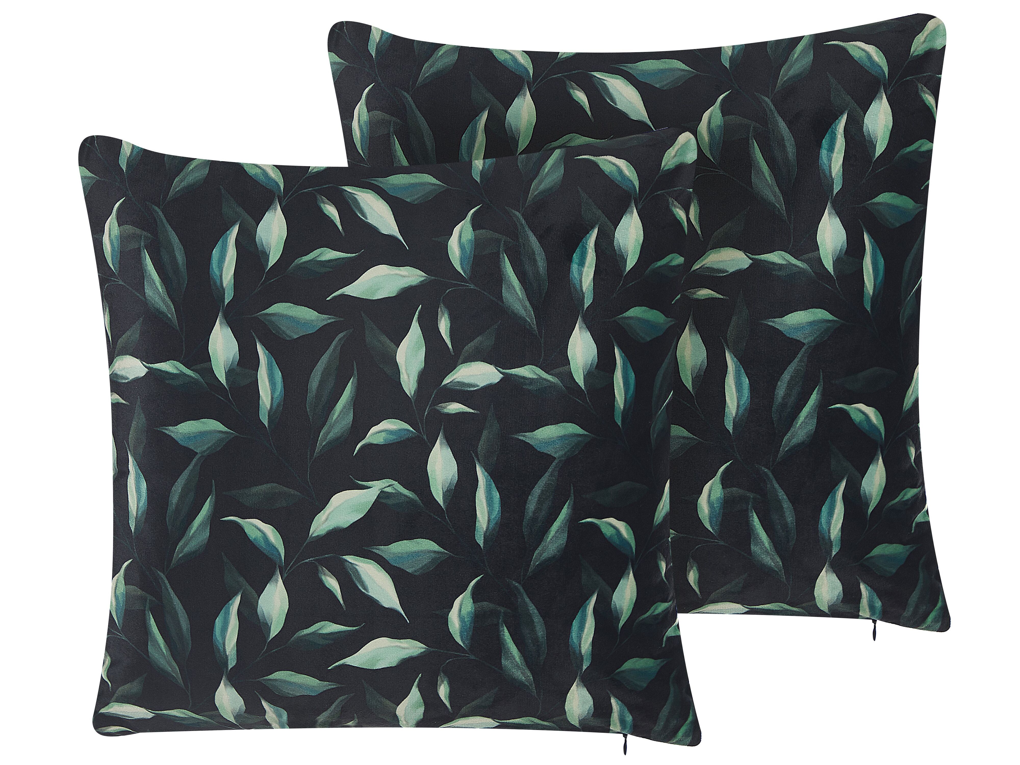 Set of 2 Decorative Cushions TOADFLAX Velvet 45 x 45 cm Green Black Plant Pattern