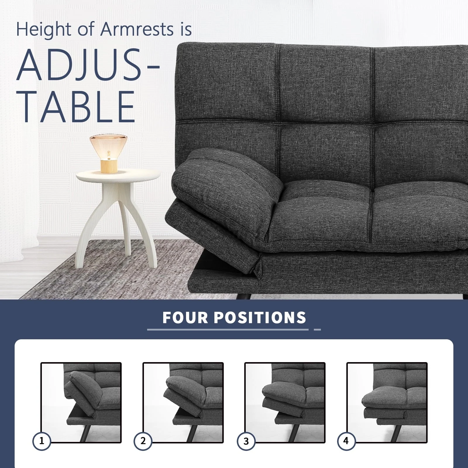 Convertible Memory Foam Futon Sofa Bed with Adjustable Armrests and Backrest,Gray - Image 4