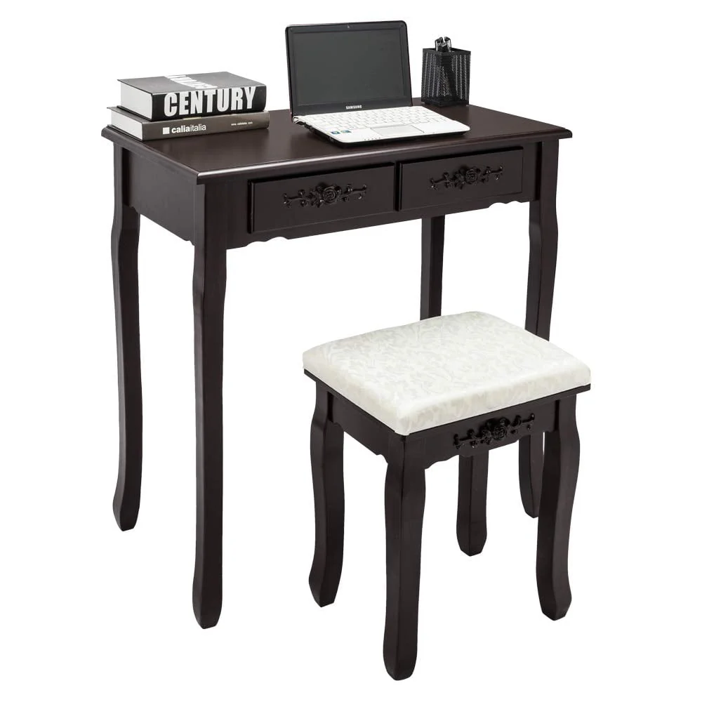 UBesGoo 4 Drawer Vanity Makeup Dressing Table Set w/Stool&Mirror Jewelry Wood Brown - Image 5