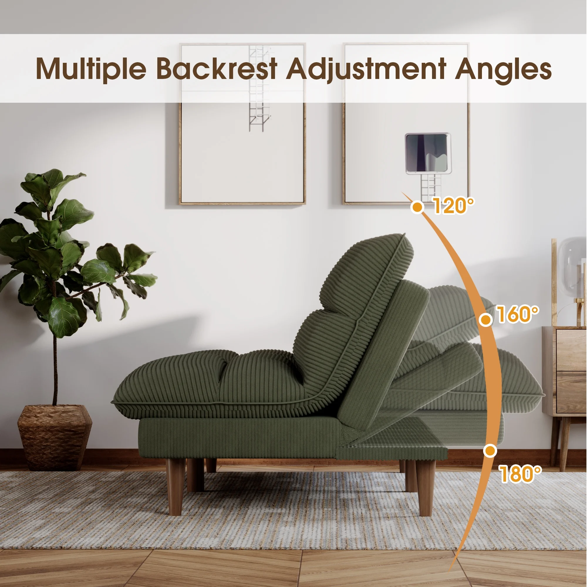 Homall Futon sofa, Two Seat Adjustable Sofa, Corduroy Fabric, Upholstered Sofa, Sofa Changeable into Bed, Leisure Reading and Games, Green - Image 6