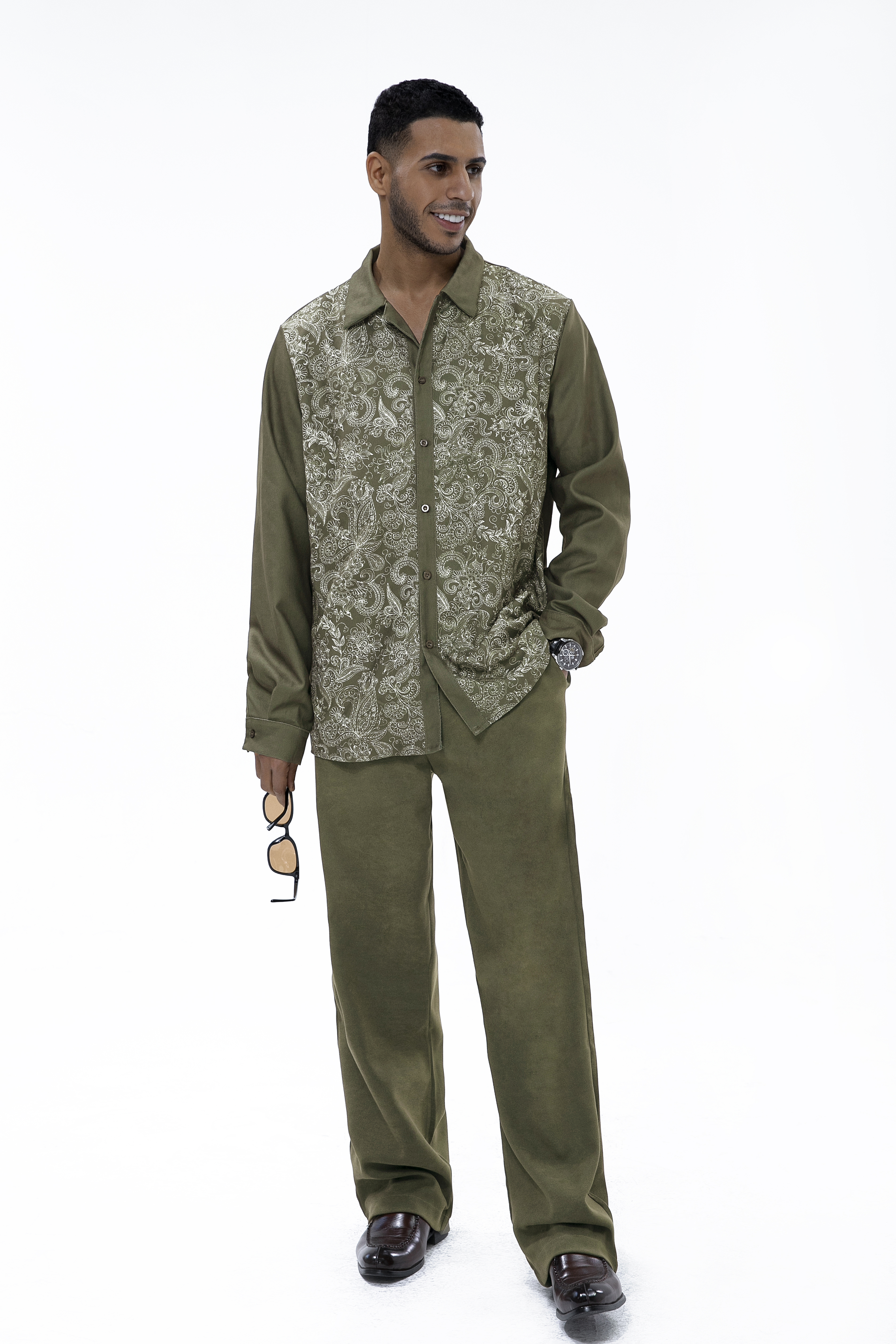 Suitmens Long Sleeve Trousers Green Cashew Blossom Two-Piece Walking Set