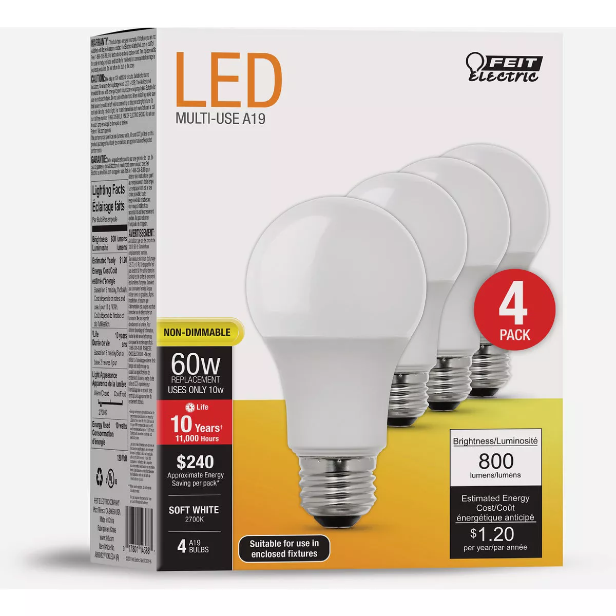 Feit LED 60W Equivalent A19 Non-Dimmable 800 Lm. 5000K Light Bulb (4-Pack)