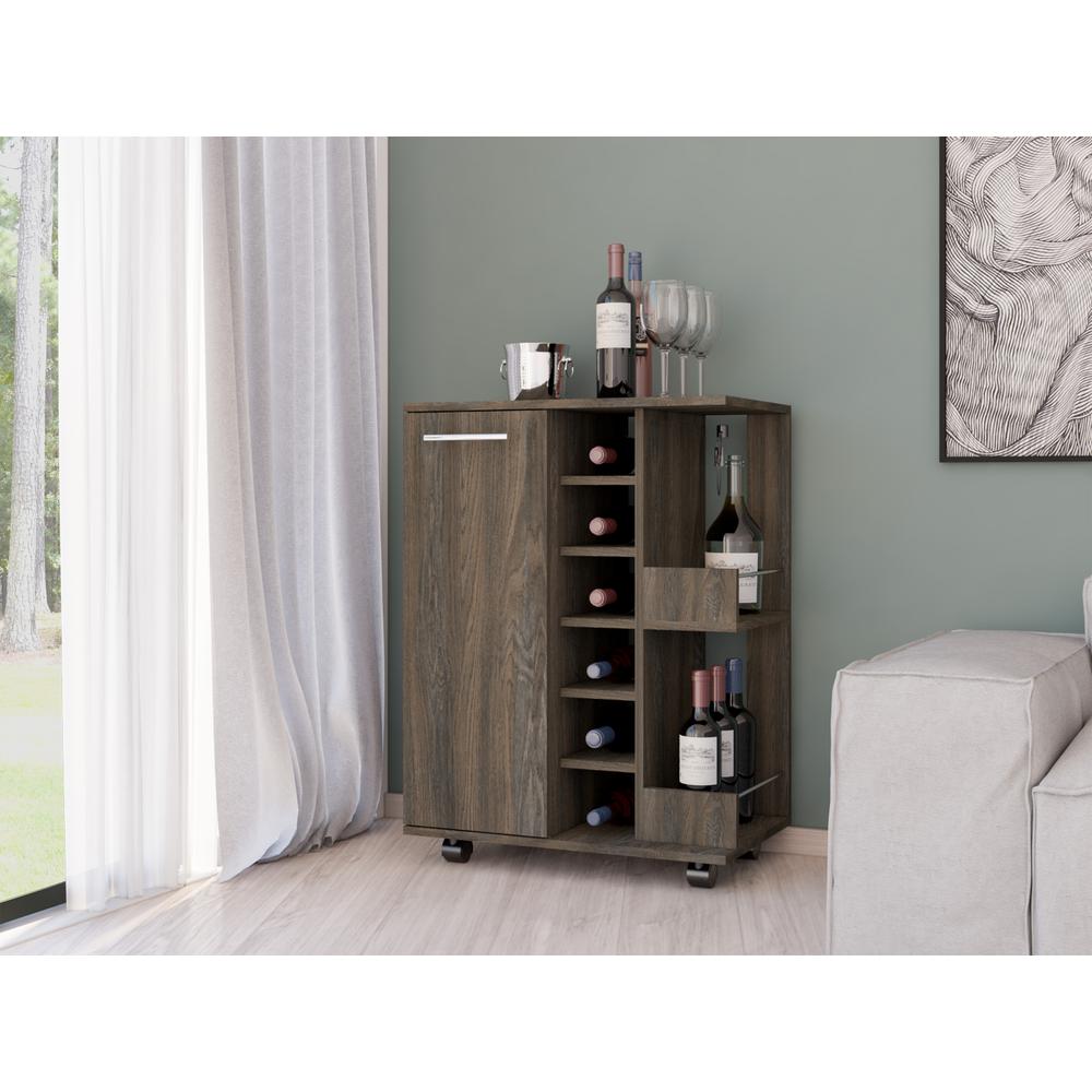 Depot E-Shop Magda 32-inch Tall Bar Cart with Cabinet, 2 Interior Shelves, 2 Open Shelves, and 6 Wine Cubbies, Dark Brown