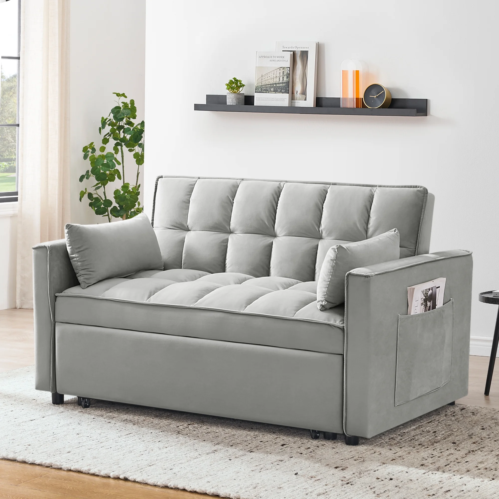 Convertible Sofa Bed,3-in-1 Sleeper Sofa with Pull Out Bed,Velvet Highly Elastic Sponge Futon Couch Loveseat with Adjustable Backrest and 2 Pillows for Living Room,Gray - Image 11