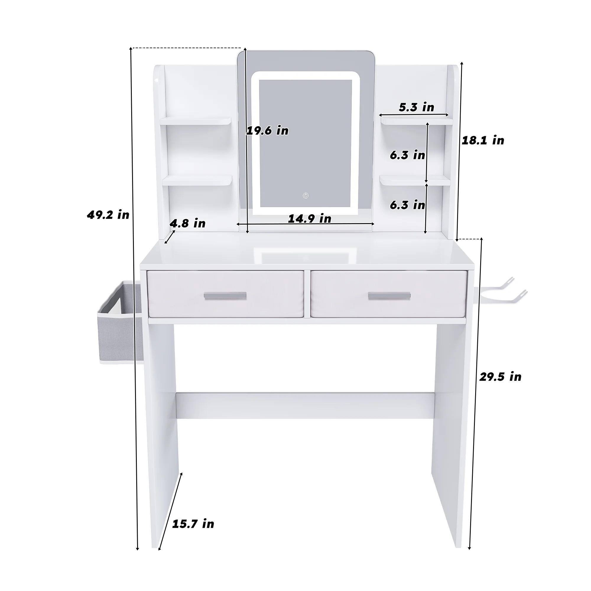 Montary Modern Mini Vanity w/Adjustable LED Mirror + Hidden Storage, Padded Stool & Dustproof Shelves (White) - Image 90