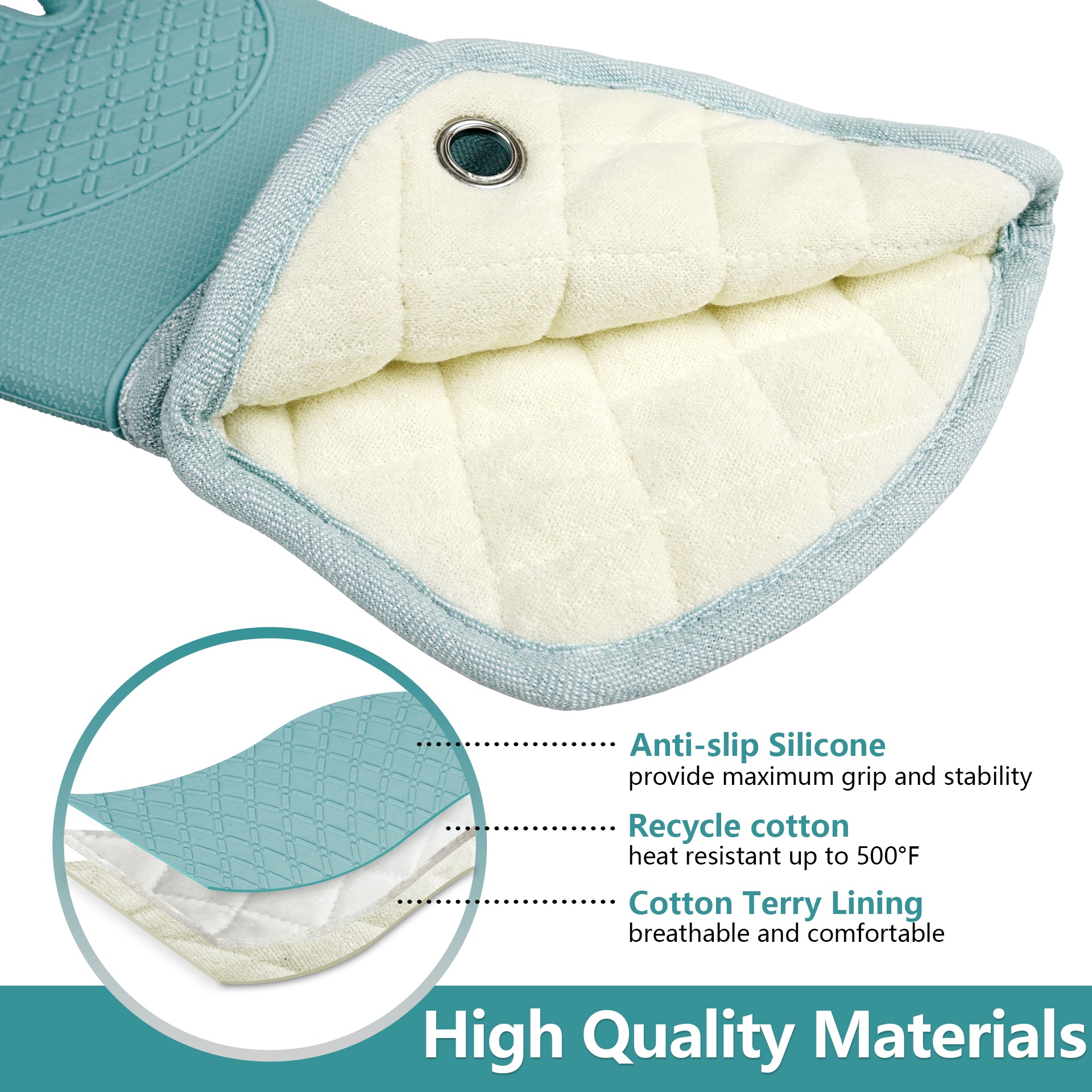 Printed Light Blue Yarn-dyed Eco-Friendly Silicone Cotton Heat Resistant Durable Waterproof Oven Mitt Anti Scalding Oven