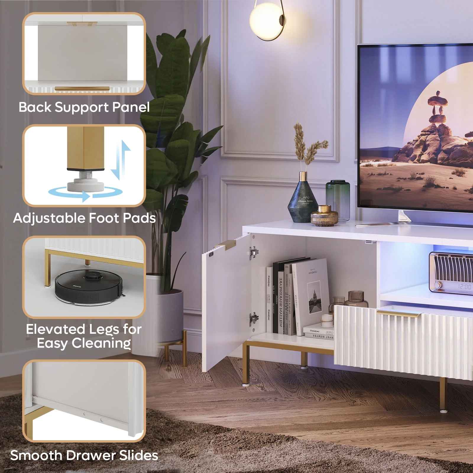 Bestier 55" LED TV Stand for TVs up to 60" Modern High Gloss Entertainment Center with Drawers Cabinets Fluted TV Console, White & Gold - Image 6