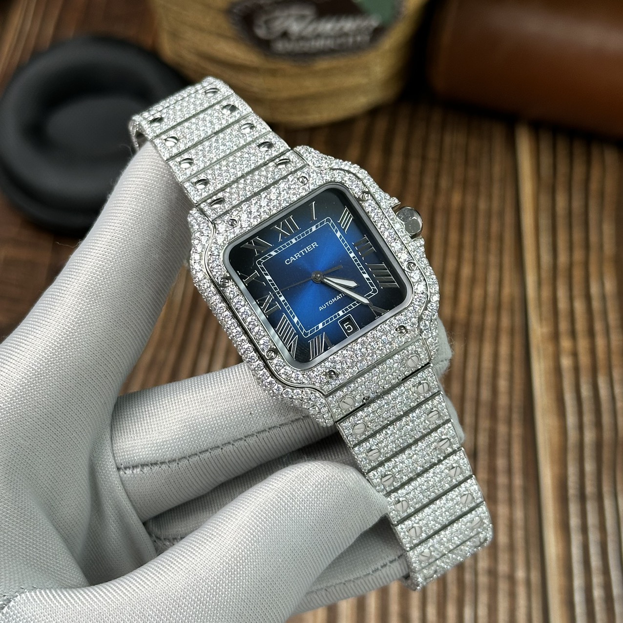 Cartier Replica Watch Santos Full Diamond Moissanite Blue Dial 39.8mm - Top club