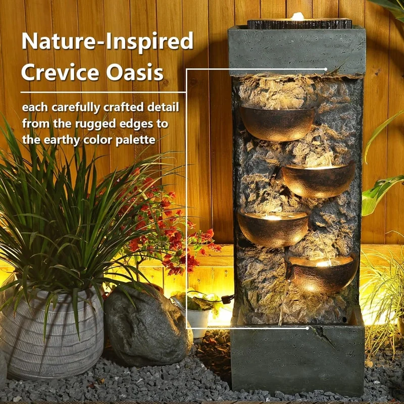 Floor Standing Water Fountains Garden Water Fountain Cascading Bowl Waterfalls with LED Lights for Garden, Living Room, Patio, Home Decor