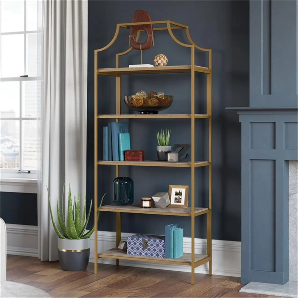 Pemberly Row 5-Shelf Modern Metal Bookcase in Gold Satin/Faux Deco Stone - Image 2
