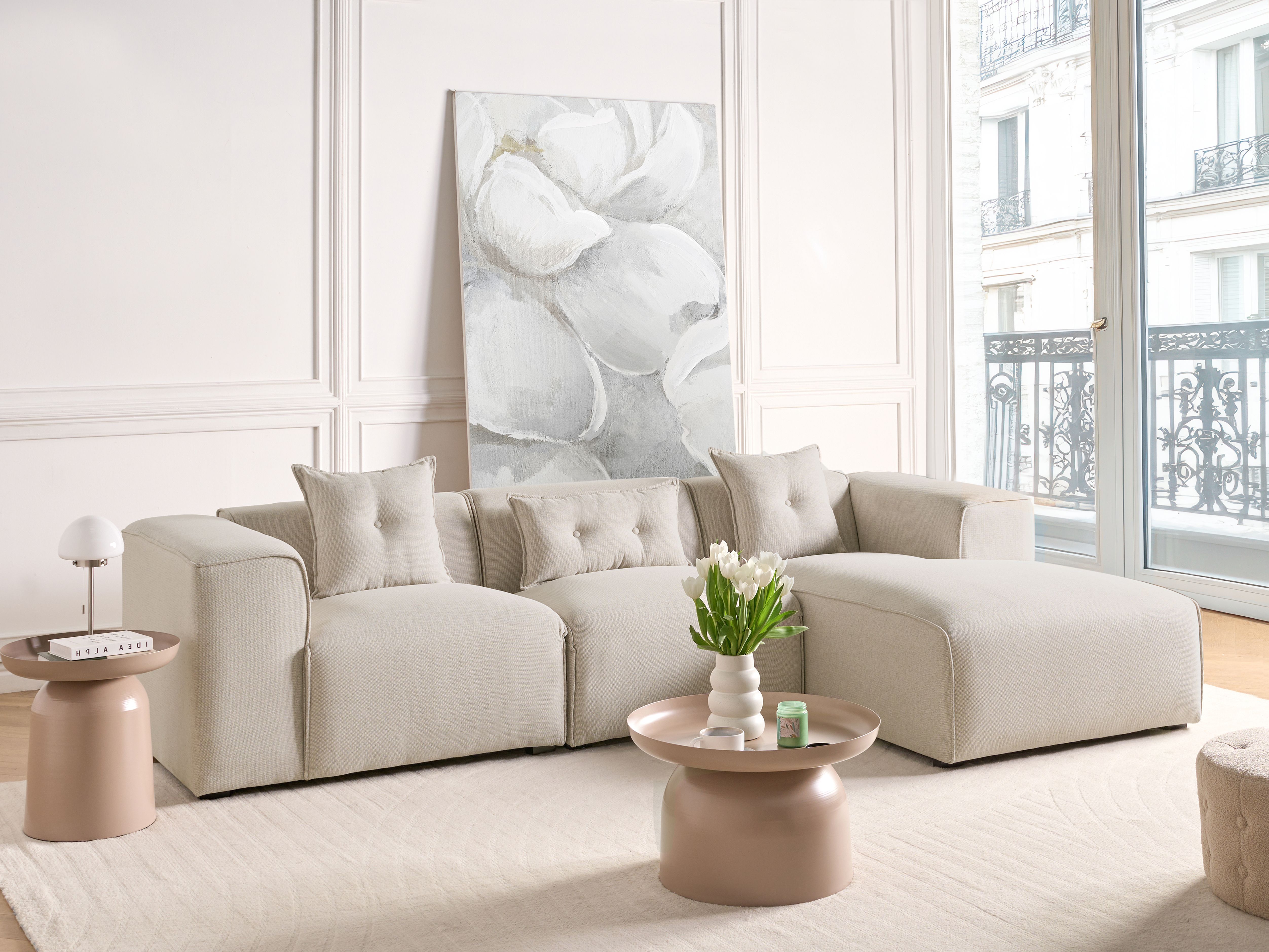 Corner Sofa 3 Seater DOLVA Fabric Light Beige Left Hand